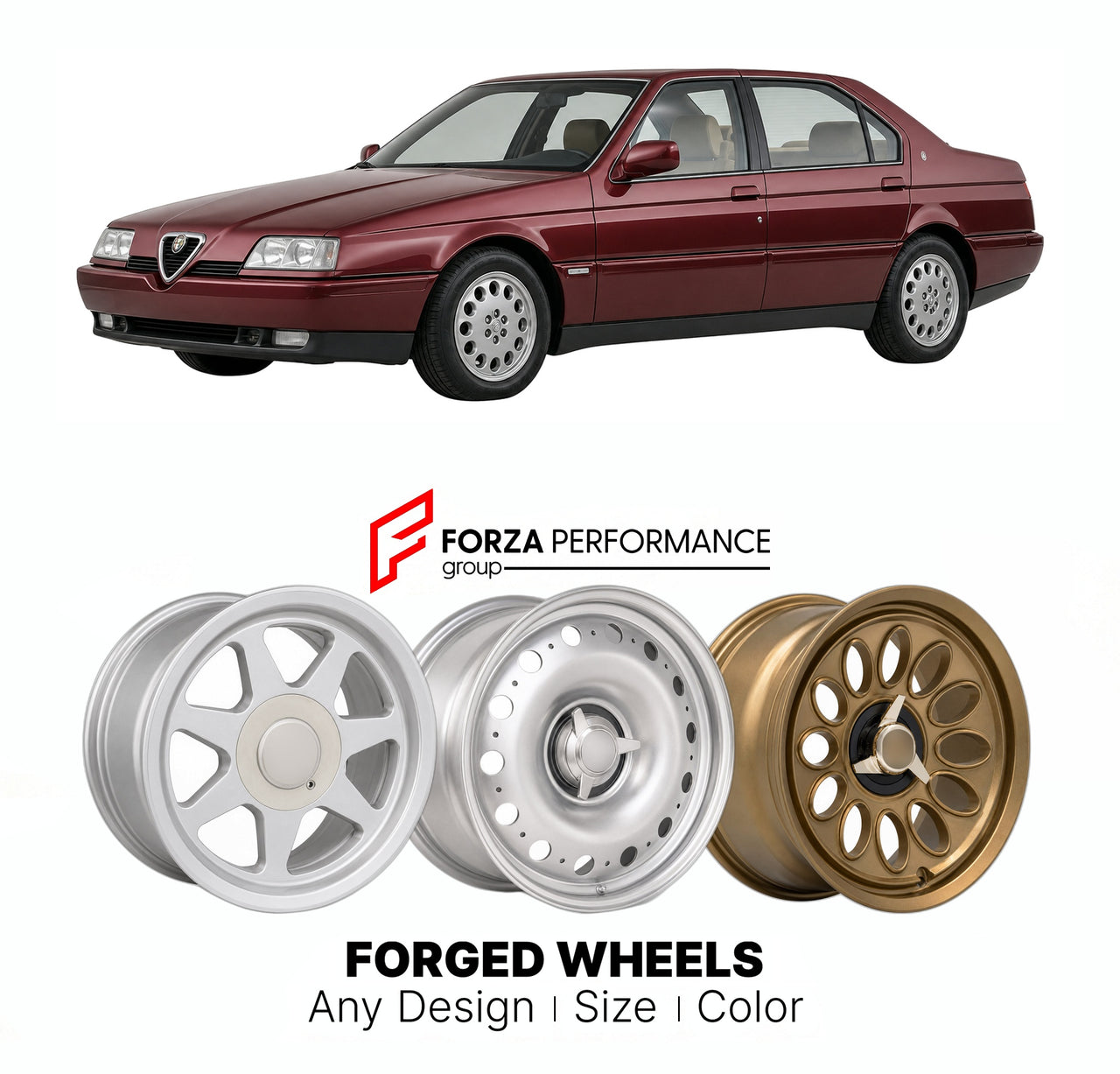 CUSTOM CLASSIC VINTAGE RESTOMOD RETRO OLD SCHOOL FORGED WHEELS RIMS for ALFA ROMEO TIPO 164 1987 - 1998

Custom forged wheels for Alfa Romeo Tipo 164 1987 - 1998. Classic, vintage, restomod wheel designs made to order in custom sizes, offsets, colors and finishes.

We manufacture premium quality forged wheels rims for Alfa Romeo Tipo 164 1987 - 1998 in any design, size, color.

THIS WHEEL DESIGN CAN BE CUSTOM-MADE FOR YOUR CAR IN ANY SIZE AND COLOR OPTIONS
Available in monoblock, 2-piece, 3-piece, duoblock,
