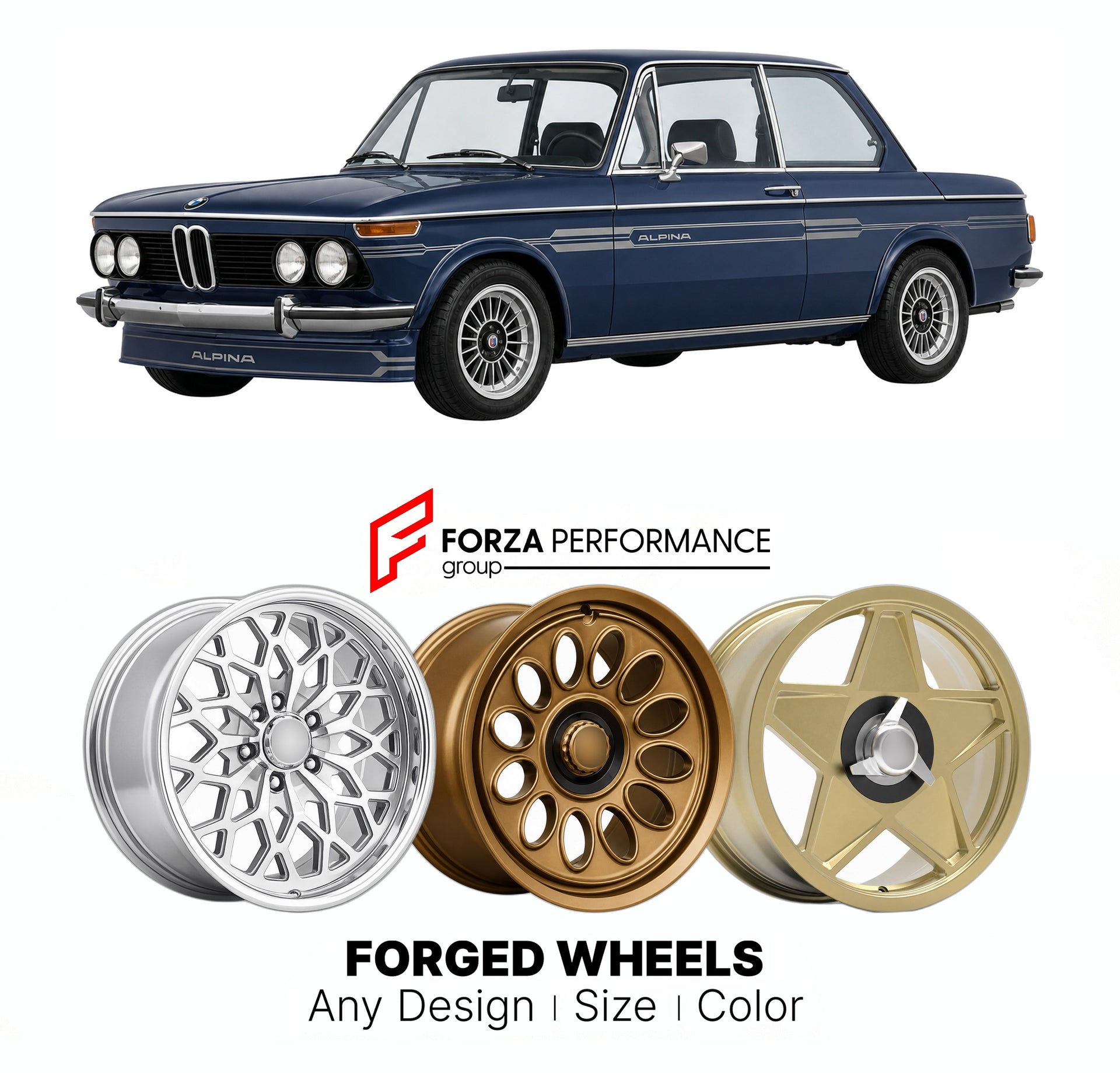 CUSTOM CLASSIC VINTAGE RESTOMOD RETRO OLD SCHOOL FORGED WHEELS RIMS for ALPINA 2002TI 1968 - 1975

Custom forged wheels for Alpina 2002ti 1968 - 1975. Classic, vintage, restomod wheel designs made to order in custom sizes, offsets, colors and finishes.

We manufacture premium quality forged wheels rims for Alpina 2002ti 1968 - 1975 in any design, size, color.

THIS WHEEL DESIGN CAN BE CUSTOM-MADE FOR YOUR CAR IN ANY SIZE AND COLOR OPTIONS
Available in monoblock, 2-piece, 3-piece, duoblock, beadlock
3D wheel