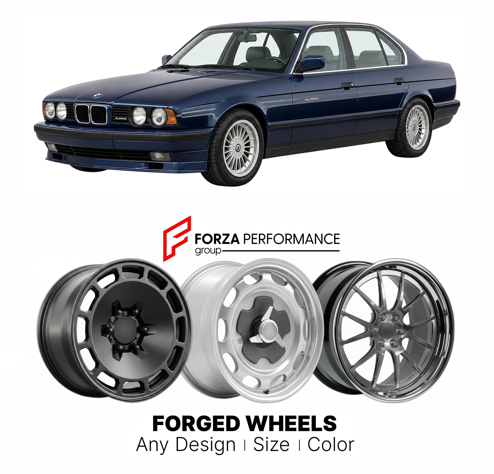 CUSTOM CLASSIC VINTAGE RESTOMOD RETRO OLD SCHOOL FORGED WHEELS RIMS for ALPINA B10 3.5 E34 1988 - 1992

Custom forged wheels for Alpina B10 3.5 E34 1988 - 1992. Classic, vintage, restomod wheel designs made to order in custom sizes, offsets, colors and finishes.

We manufacture premium quality forged wheels rims for Alpina B10 3.5 E34 1988 - 1992 in any design, size, color.

THIS WHEEL DESIGN CAN BE CUSTOM-MADE FOR YOUR CAR IN ANY SIZE AND COLOR OPTIONS
Available in monoblock, 2-piece, 3-piece, duoblock, be
