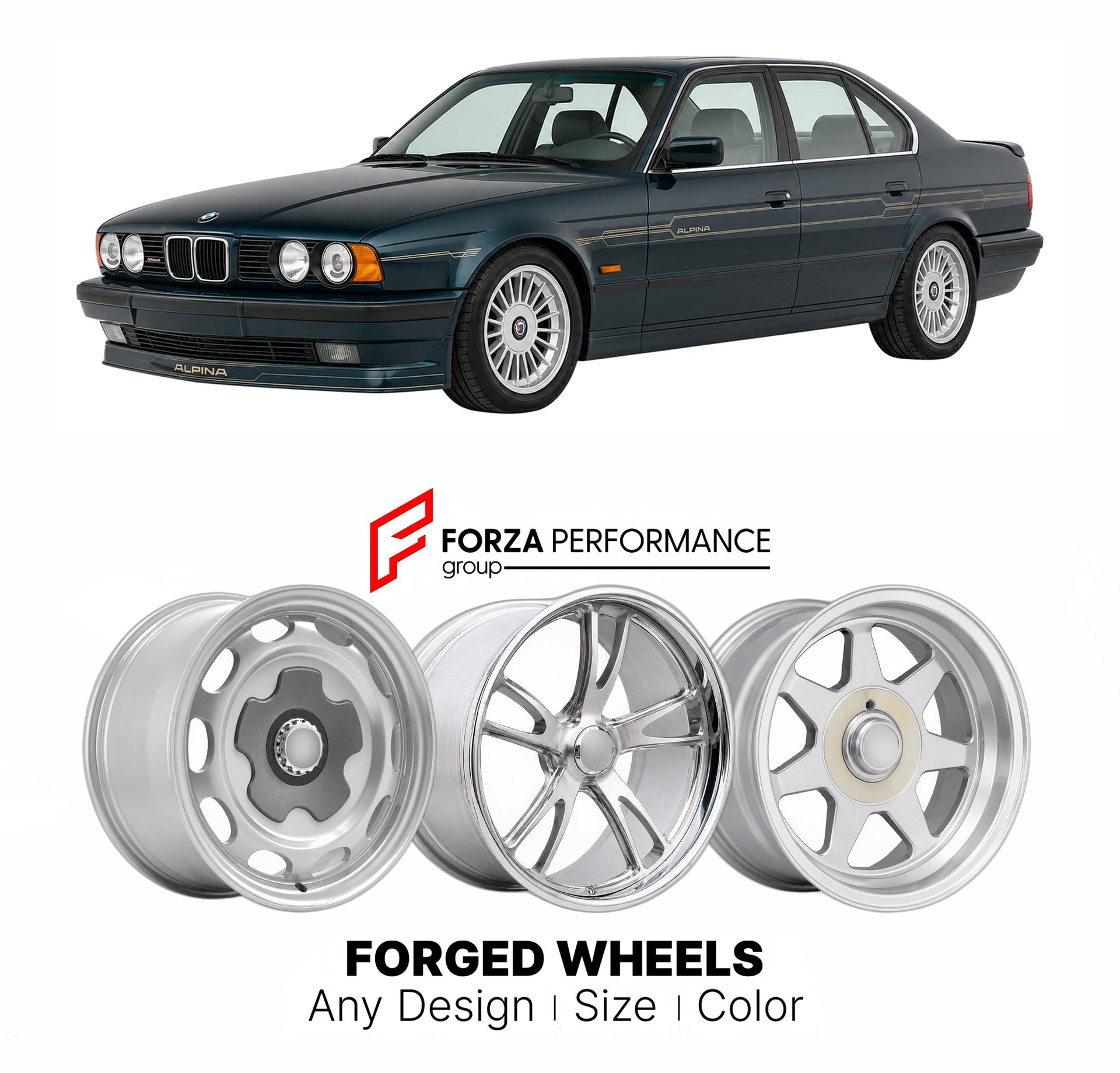 CUSTOM CLASSIC VINTAGE RESTOMOD RETRO OLD SCHOOL FORGED WHEELS RIMS for ALPINA B10 BI-TURBO E34 1989 - 1994

Custom forged wheels for Alpina B10 Bi-Turbo E34 1989 - 1994. Classic, vintage, restomod wheel designs made to order in custom sizes, offsets, colors and finishes.

We manufacture premium quality forged wheels rims for Alpina B10 Bi-Turbo E34 1989 - 1994 in any design, size, color.

THIS WHEEL DESIGN CAN BE CUSTOM-MADE FOR YOUR CAR IN ANY SIZE AND COLOR OPTIONS
Available in monoblock, 2-piece, 3-piec