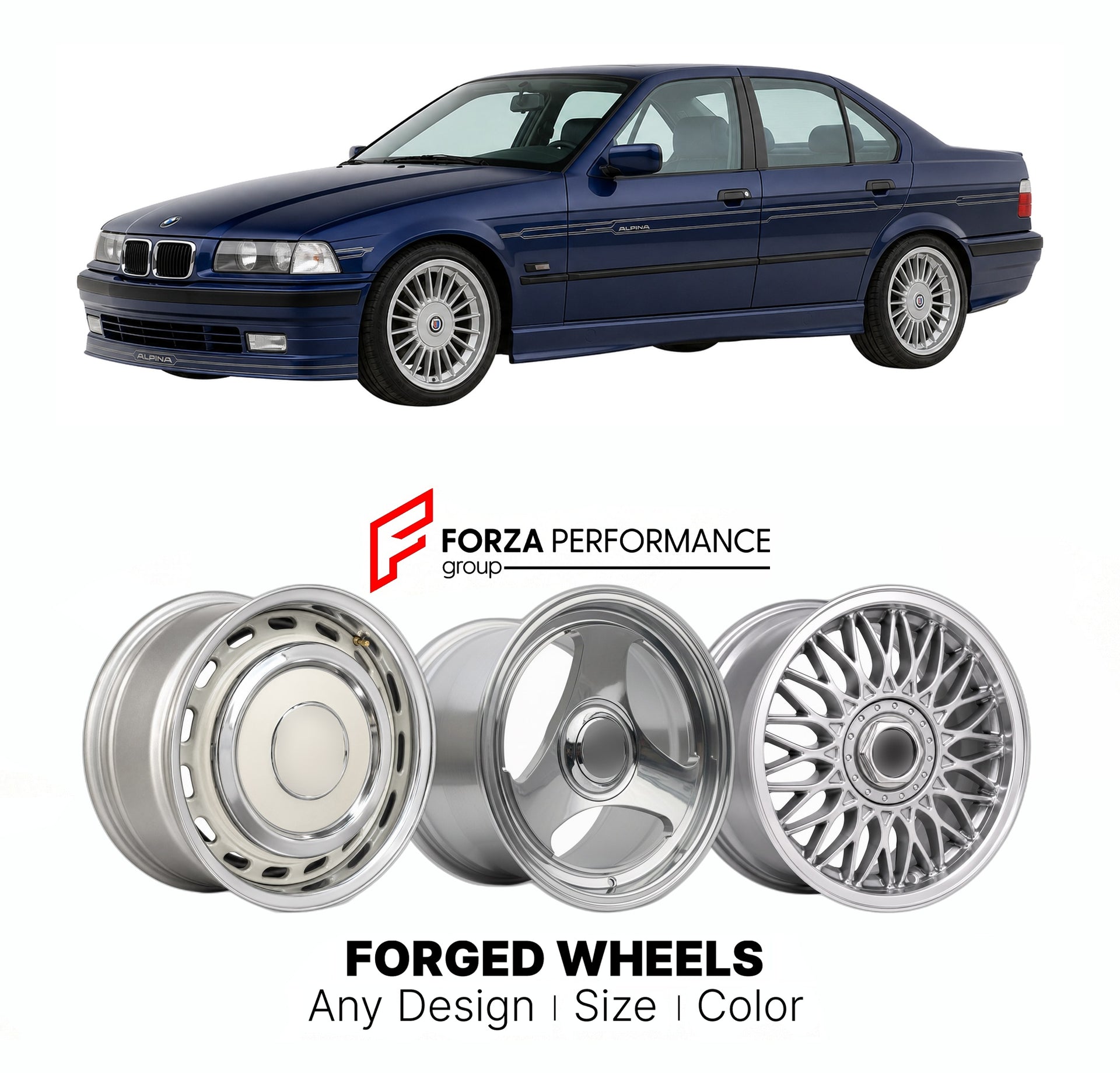 CUSTOM CLASSIC VINTAGE RESTOMOD RETRO OLD SCHOOL FORGED WHEELS RIMS for ALPINA B3 3.0 E36 1993 - 1995

Custom forged wheels for Alpina B3 3.0 E36 1993 - 1995. Classic, vintage, restomod wheel designs made to order in custom sizes, offsets, colors and finishes.

We manufacture premium quality forged wheels rims for Alpina B3 3.0 E36 1993 - 1995 in any design, size, color.

THIS WHEEL DESIGN CAN BE CUSTOM-MADE FOR YOUR CAR IN ANY SIZE AND COLOR OPTIONS
Available in monoblock, 2-piece, 3-piece, duoblock, beadl