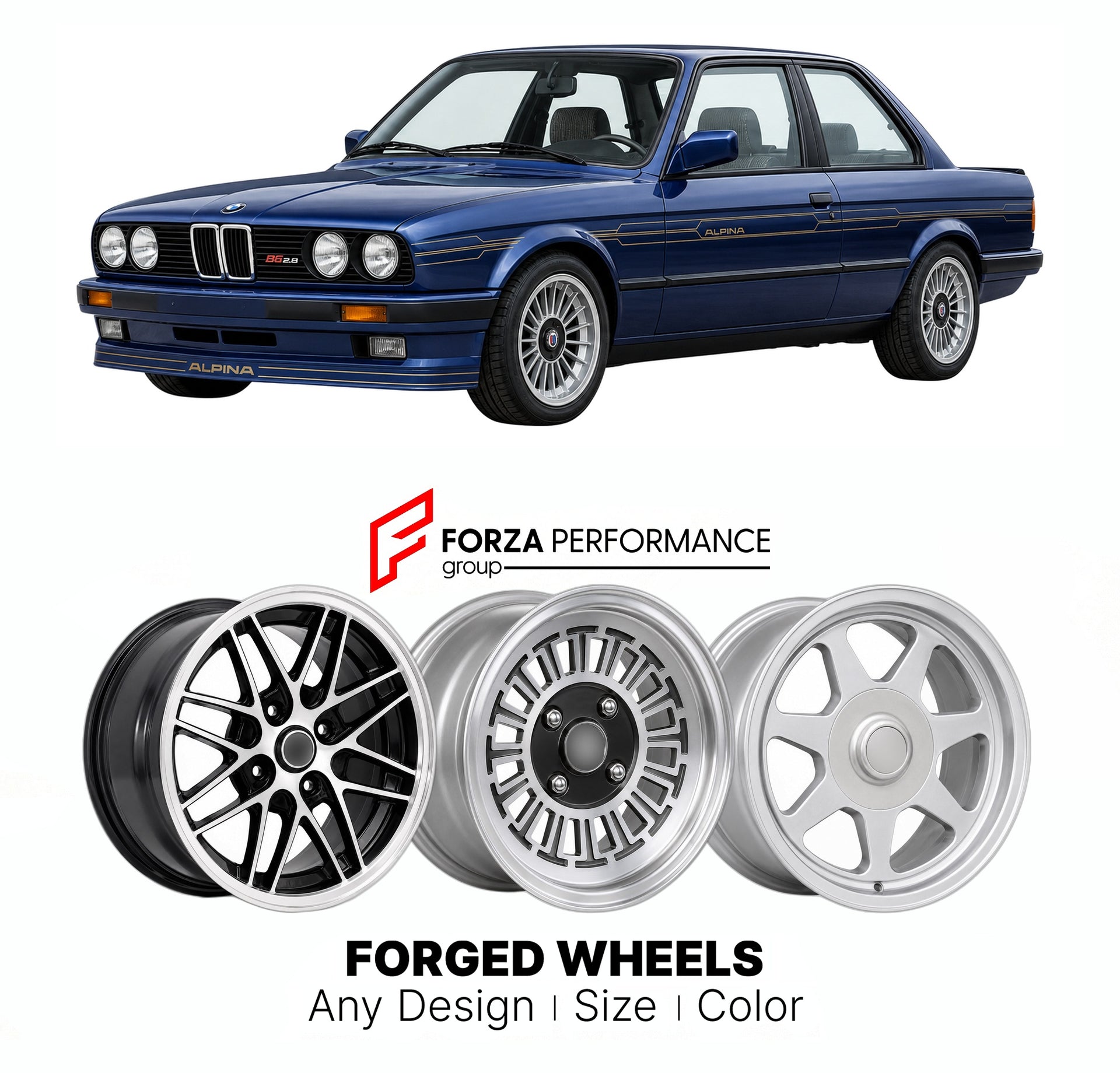 CUSTOM CLASSIC VINTAGE RESTOMOD RETRO OLD SCHOOL FORGED WHEELS RIMS for ALPINA B6 2.8 3.5 E30 1983 - 1990

Custom forged wheels for Alpina B6 2.8 3.5 E30 1983 - 1990. Classic, vintage, restomod wheel designs made to order in custom sizes, offsets, colors and finishes.

We manufacture premium quality forged wheels rims for Alpina B6 2.8 3.5 E30 1983 - 1990 in any design, size, color.

THIS WHEEL DESIGN CAN BE CUSTOM-MADE FOR YOUR CAR IN ANY SIZE AND COLOR OPTIONS
Available in monoblock, 2-piece, 3-piece, duo