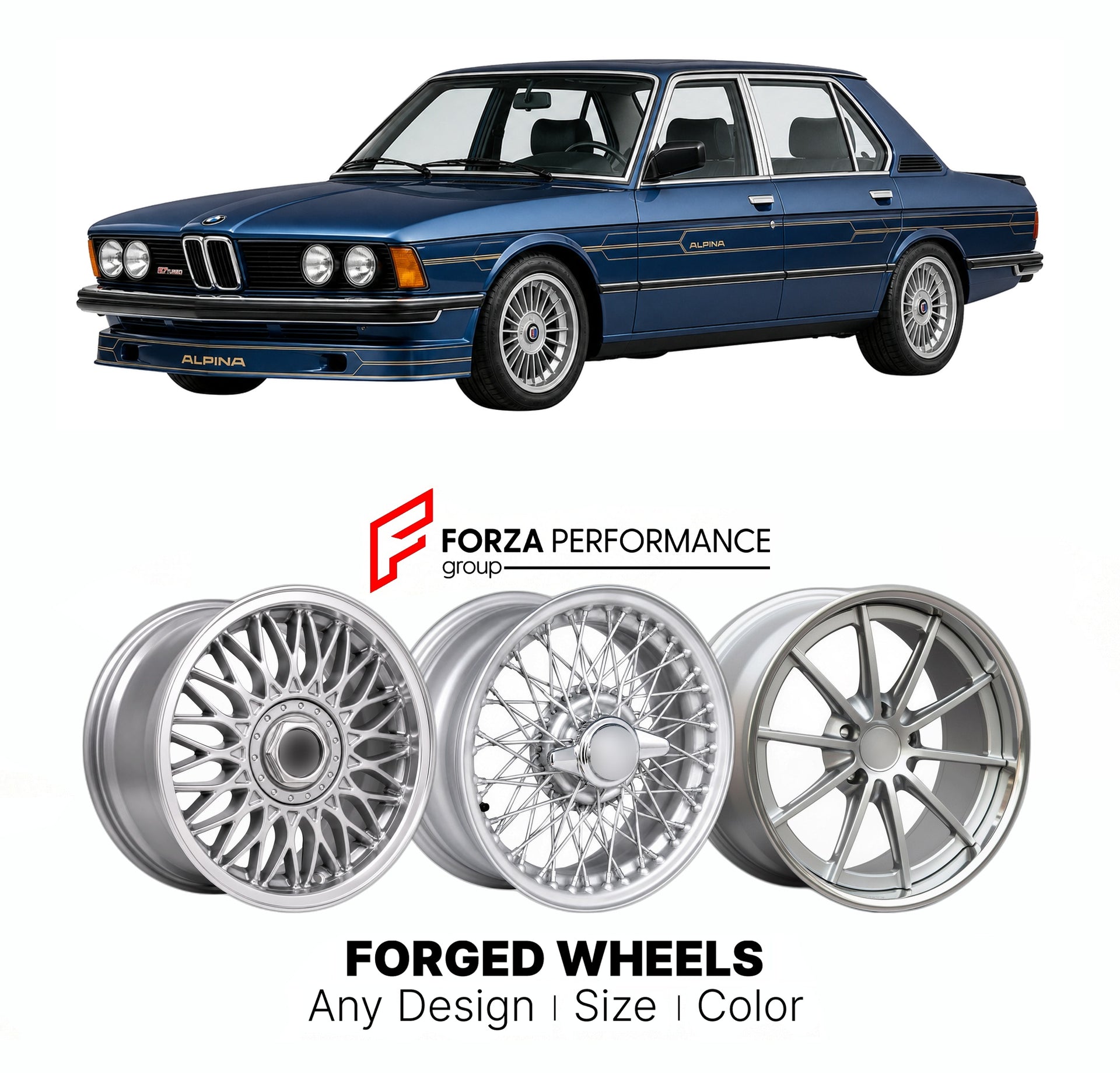 CUSTOM CLASSIC VINTAGE RESTOMOD RETRO OLD SCHOOL FORGED WHEELS RIMS for ALPINA B7 S TURBO E12 1981 - 1982

Custom forged wheels for Alpina B7 S Turbo E12 1981 - 1982. Classic, vintage, restomod wheel designs made to order in custom sizes, offsets, colors and finishes.

We manufacture premium quality forged wheels rims for Alpina B7 S Turbo E12 1981 - 1982 in any design, size, color.

THIS WHEEL DESIGN CAN BE CUSTOM-MADE FOR YOUR CAR IN ANY SIZE AND COLOR OPTIONS
Available in monoblock, 2-piece, 3-piece, duo