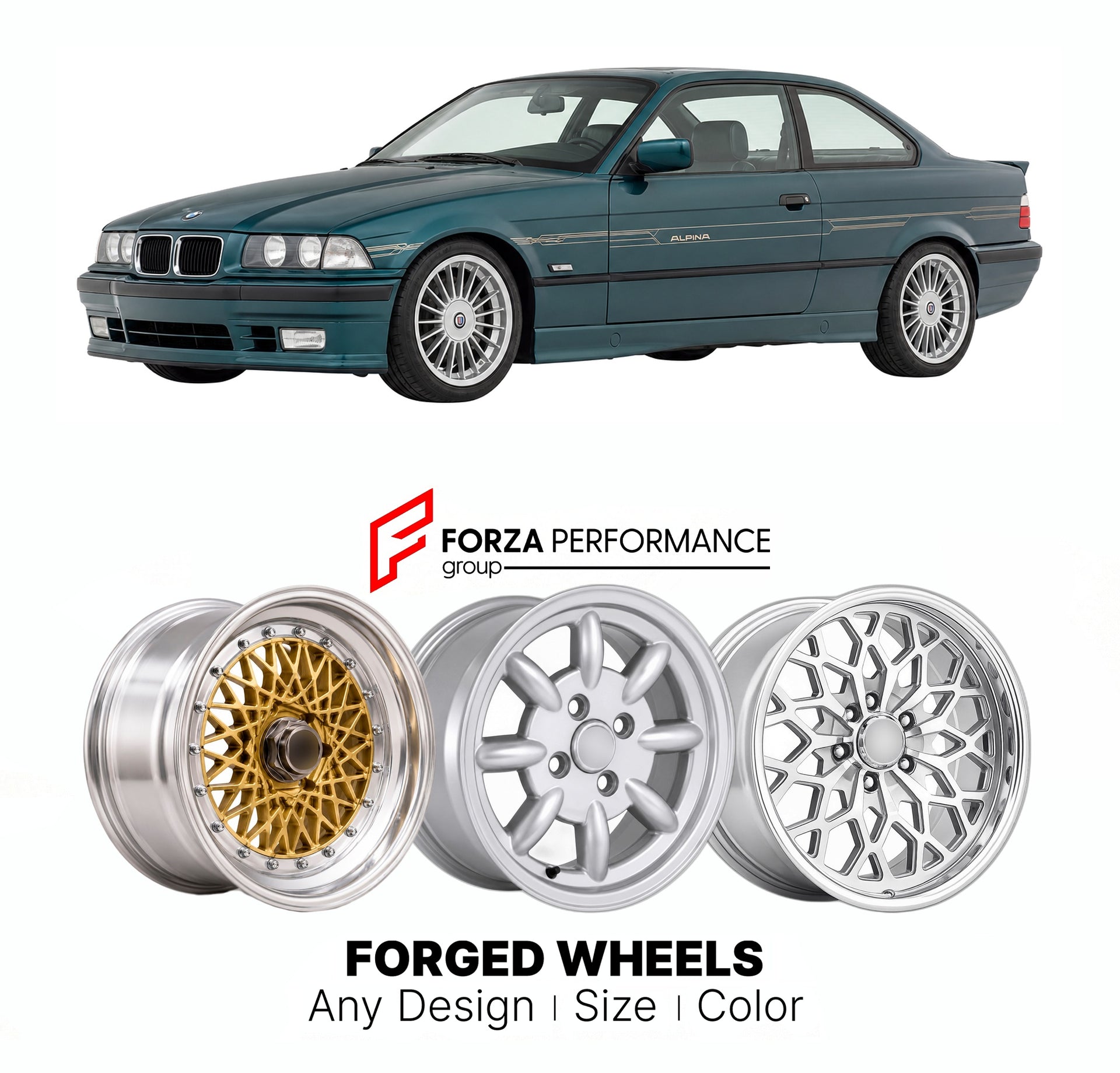 CUSTOM CLASSIC VINTAGE RESTOMOD RETRO OLD SCHOOL FORGED WHEELS RIMS for ALPINA B8 4.6 E36 1995 - 1998

Custom forged wheels for Alpina B8 4.6 E36 1995 - 1998. Classic, vintage, restomod wheel designs made to order in custom sizes, offsets, colors and finishes.

We manufacture premium quality forged wheels rims for Alpina B8 4.6 E36 1995 - 1998 in any design, size, color.

THIS WHEEL DESIGN CAN BE CUSTOM-MADE FOR YOUR CAR IN ANY SIZE AND COLOR OPTIONS
Available in monoblock, 2-piece, 3-piece, duoblock, beadl