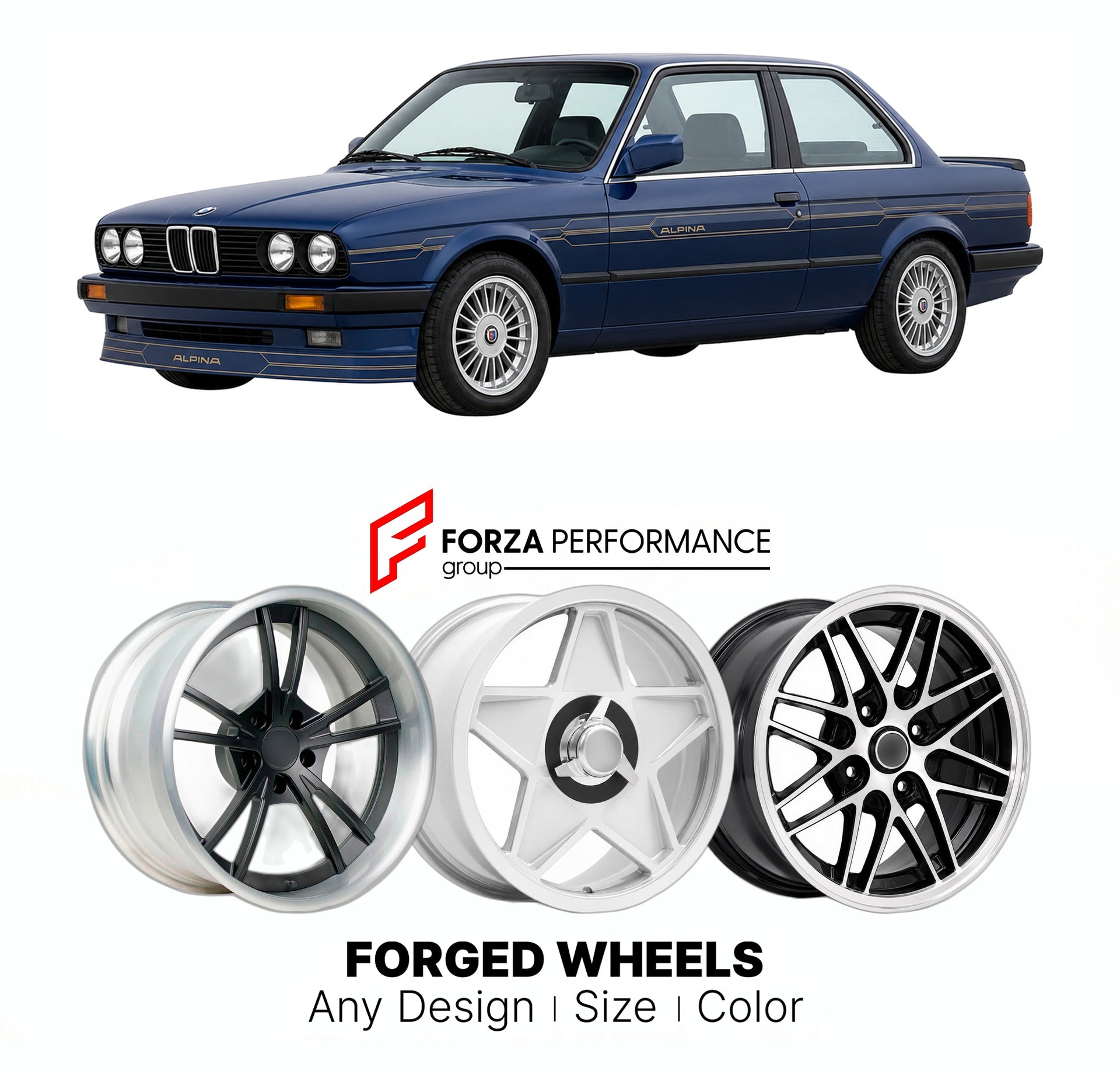 CUSTOM CLASSIC VINTAGE RESTOMOD RETRO OLD SCHOOL FORGED WHEELS RIMS for ALPINA C2 2.7 E30 1985 - 1987

Custom forged wheels for Alpina C2 2.7 E30 1985 - 1987. Classic, vintage, restomod wheel designs made to order in custom sizes, offsets, colors and finishes.

We manufacture premium quality forged wheels rims for Alpina C2 2.7 E30 1985 - 1987 in any design, size, color.

THIS WHEEL DESIGN CAN BE CUSTOM-MADE FOR YOUR CAR IN ANY SIZE AND COLOR OPTIONS
Available in monoblock, 2-piece, 3-piece, duoblock, beadl