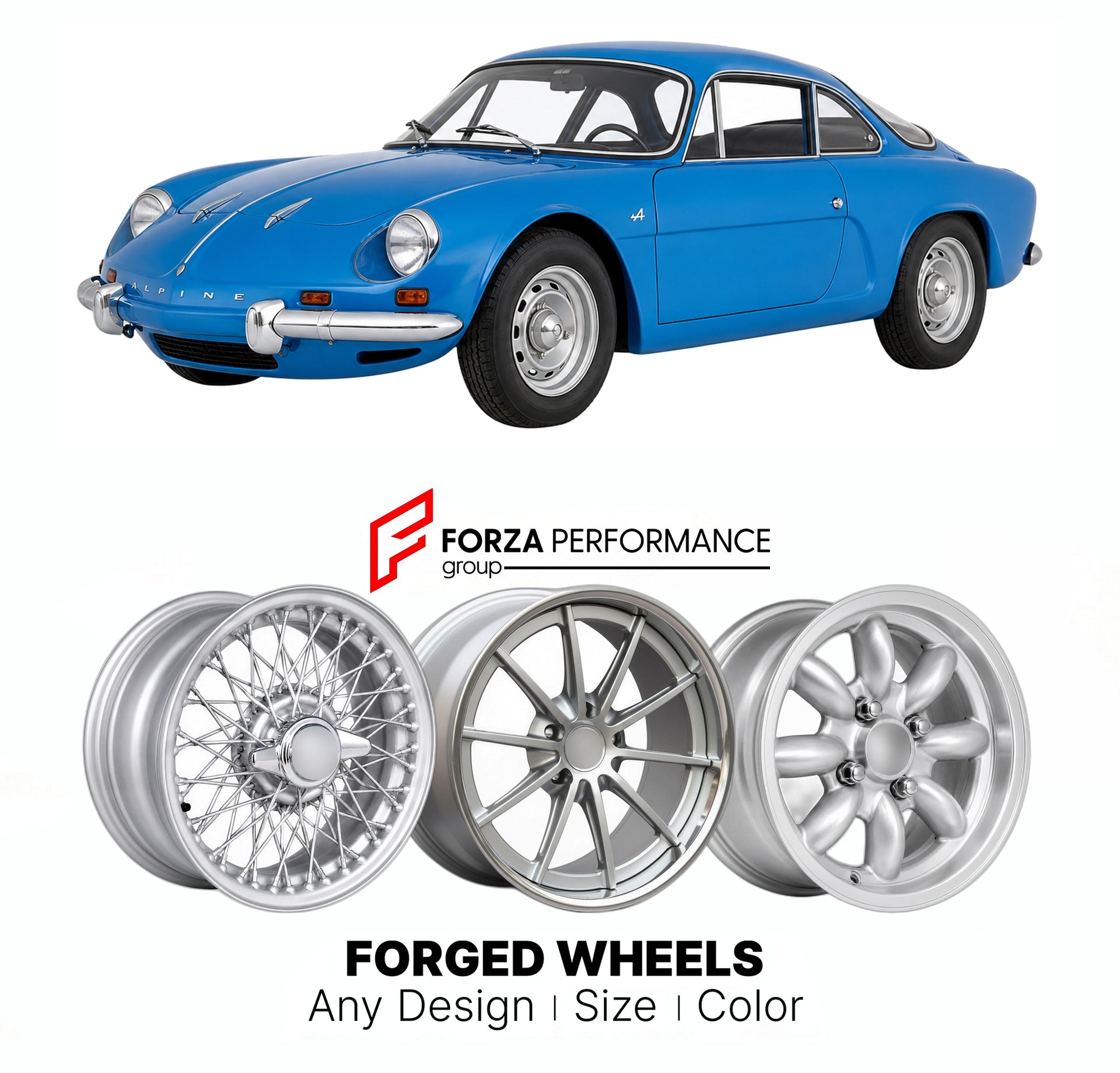 CUSTOM CLASSIC VINTAGE RESTOMOD RETRO OLD SCHOOL FORGED WHEELS RIMS for ALPINE A110 BERLINETTE 1961 - 1977

Custom forged wheels for Alpine A110 Berlinette 1961 - 1977. Classic, vintage, restomod wheel designs made to order in custom sizes, offsets, colors and finishes.

We manufacture premium quality forged wheels rims for Alpine A110 Berlinette 1961 - 1977 in any design, size, color.

THIS WHEEL DESIGN CAN BE CUSTOM-MADE FOR YOUR CAR IN ANY SIZE AND COLOR OPTIONS
Available in monoblock, 2-piece, 3-piece, 