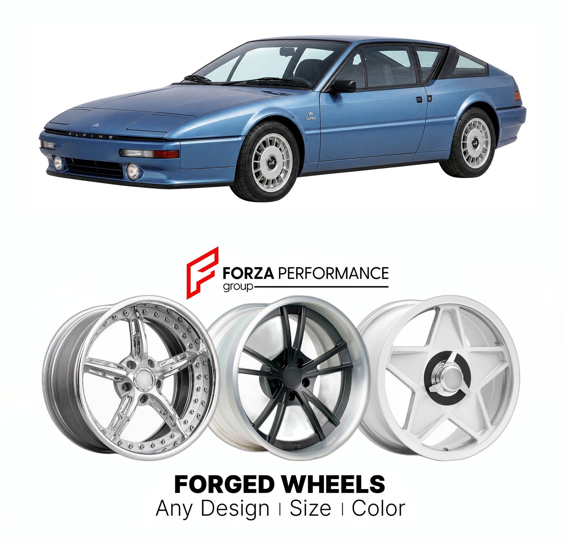 CUSTOM CLASSIC VINTAGE RESTOMOD RETRO OLD SCHOOL FORGED WHEELS RIMS for ALPINE GTA V6 TURBO 1984 - 1991

Custom forged wheels for Alpine GTA V6 Turbo 1984 - 1991. Classic, vintage, restomod wheel designs made to order in custom sizes, offsets, colors and finishes.

We manufacture premium quality forged wheels rims for Alpine GTA V6 Turbo 1984 - 1991 in any design, size, color.

THIS WHEEL DESIGN CAN BE CUSTOM-MADE FOR YOUR CAR IN ANY SIZE AND COLOR OPTIONS
Available in monoblock, 2-piece, 3-piece, duoblock,