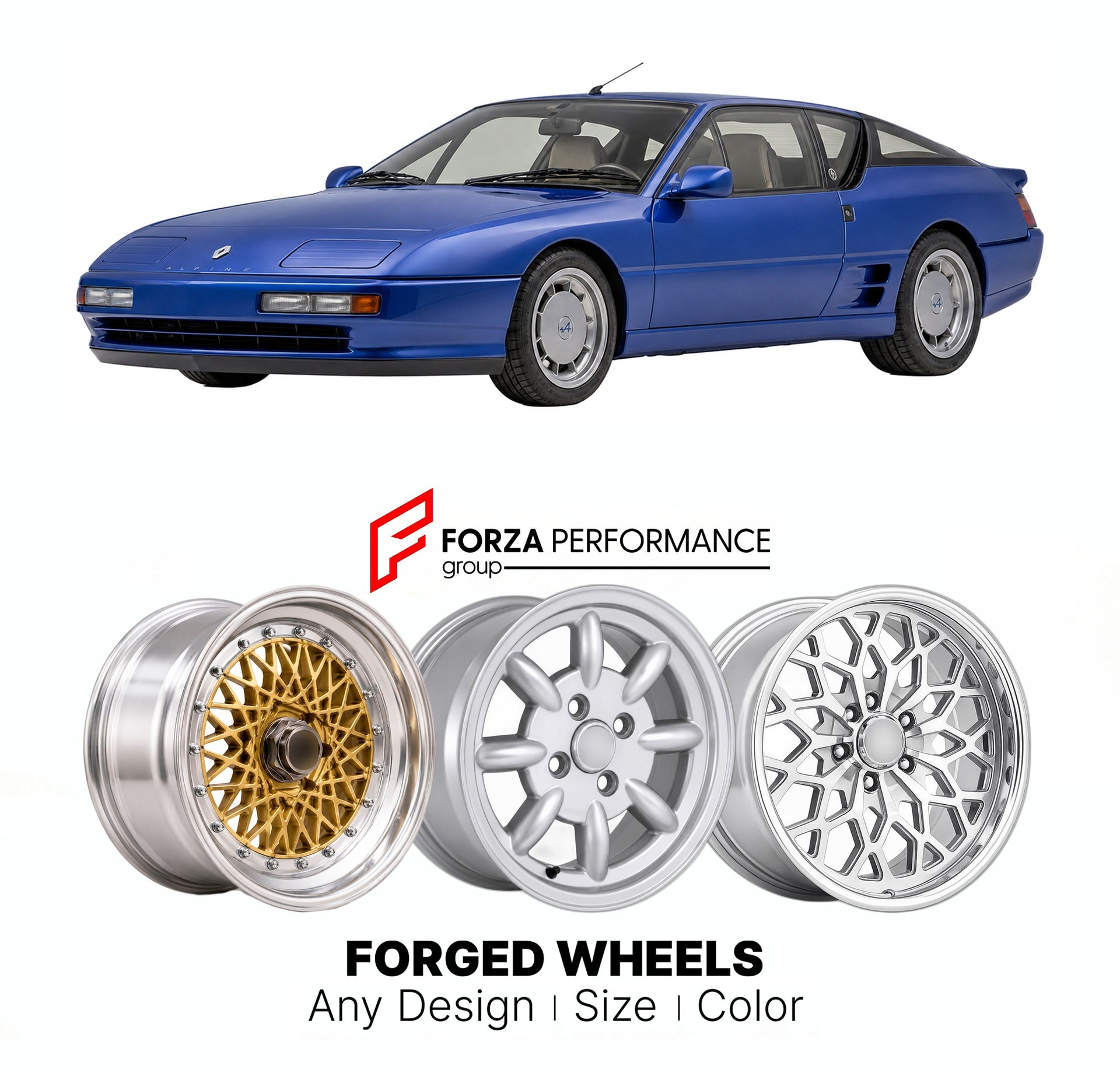 CUSTOM CLASSIC VINTAGE RESTOMOD RETRO OLD SCHOOL FORGED WHEELS RIMS for ALPINE RENAULT A610 1991 - 1995

Custom forged wheels for Alpine Renault A610 1991 - 1995. Classic, vintage, restomod wheel designs made to order in custom sizes, offsets, colors and finishes.

We manufacture premium quality forged wheels rims for Alpine Renault A610 1991 - 1995 in any design, size, color.

THIS WHEEL DESIGN CAN BE CUSTOM-MADE FOR YOUR CAR IN ANY SIZE AND COLOR OPTIONS
Available in monoblock, 2-piece, 3-piece, duoblock,