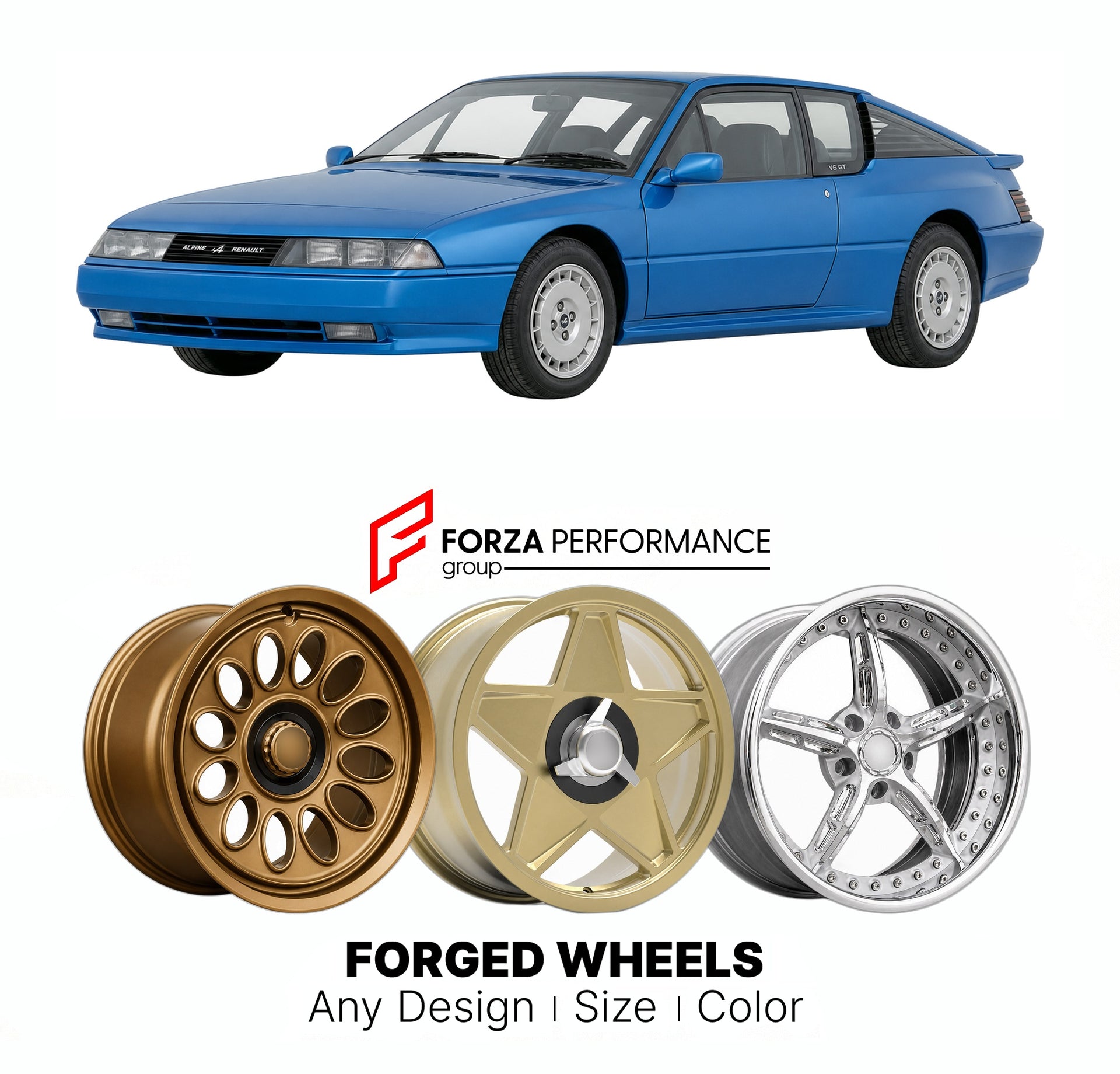 CUSTOM CLASSIC VINTAGE RESTOMOD RETRO OLD SCHOOL FORGED WHEELS RIMS for ALPINE RENAULT GTA V6 GT 1984 - 1991

Custom forged wheels for Alpine Renault GTA V6 GT 1984 - 1991. Classic, vintage, restomod wheel designs made to order in custom sizes, offsets, colors and finishes.

We manufacture premium quality forged wheels rims for Alpine Renault GTA V6 GT 1984 - 1991 in any design, size, color.

THIS WHEEL DESIGN CAN BE CUSTOM-MADE FOR YOUR CAR IN ANY SIZE AND COLOR OPTIONS
Available in monoblock, 2-piece, 3-p