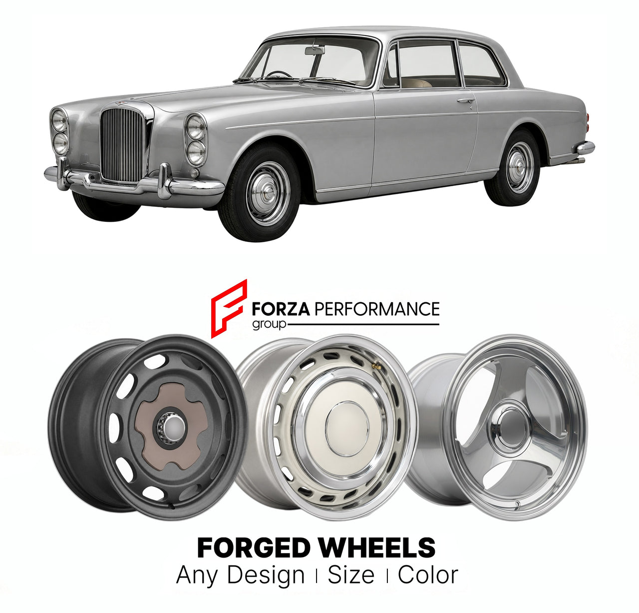 CUSTOM CLASSIC VINTAGE RESTOMOD RETRO OLD SCHOOL FORGED WHEELS RIMS for ALVIS TF21 FINAL 1966 - 1967

Custom forged wheels for Alvis TF21 Final 1966 - 1967. Classic, vintage, restomod wheel designs made to order in custom sizes, offsets, colors and finishes.

We manufacture premium quality forged wheels rims for Alvis TF21 Final 1966 - 1967 in any design, size, color.

THIS WHEEL DESIGN CAN BE CUSTOM-MADE FOR YOUR CAR IN ANY SIZE AND COLOR OPTIONS
Available in monoblock, 2-piece, 3-piece, duoblock, beadlock