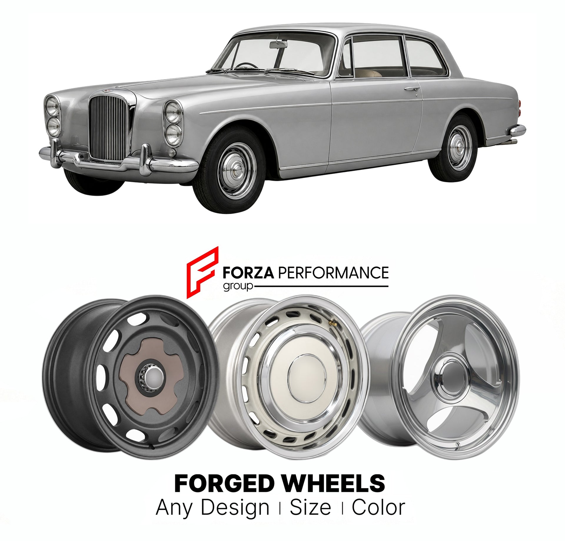 CUSTOM CLASSIC VINTAGE RESTOMOD RETRO OLD SCHOOL FORGED WHEELS RIMS for ALVIS TF21 FINAL 1966 - 1967

Custom forged wheels for Alvis TF21 Final 1966 - 1967. Classic, vintage, restomod wheel designs made to order in custom sizes, offsets, colors and finishes.

We manufacture premium quality forged wheels rims for Alvis TF21 Final 1966 - 1967 in any design, size, color.

THIS WHEEL DESIGN CAN BE CUSTOM-MADE FOR YOUR CAR IN ANY SIZE AND COLOR OPTIONS
Available in monoblock, 2-piece, 3-piece, duoblock, beadlock