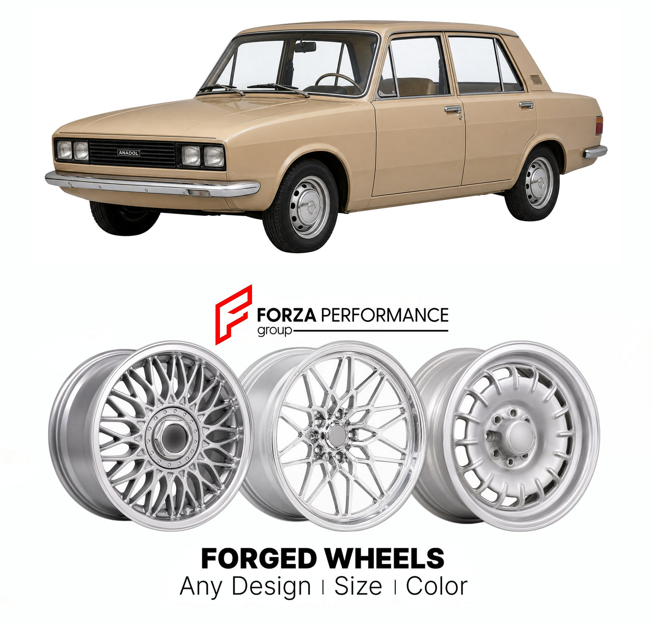 CUSTOM CLASSIC VINTAGE RESTOMOD RETRO OLD SCHOOL FORGED WHEELS RIMS for ANADOL A2 1970 - 1981

Custom forged wheels for Anadol A2 1970 - 1981. Classic, vintage, restomod wheel designs made to order in custom sizes, offsets, colors and finishes.

We manufacture premium quality forged wheels rims for Anadol A2 1970 - 1981 in any design, size, color.

THIS WHEEL DESIGN CAN BE CUSTOM-MADE FOR YOUR CAR IN ANY SIZE AND COLOR OPTIONS
Available in monoblock, 2-piece, 3-piece, duoblock, beadlock
3D wheel renderings 