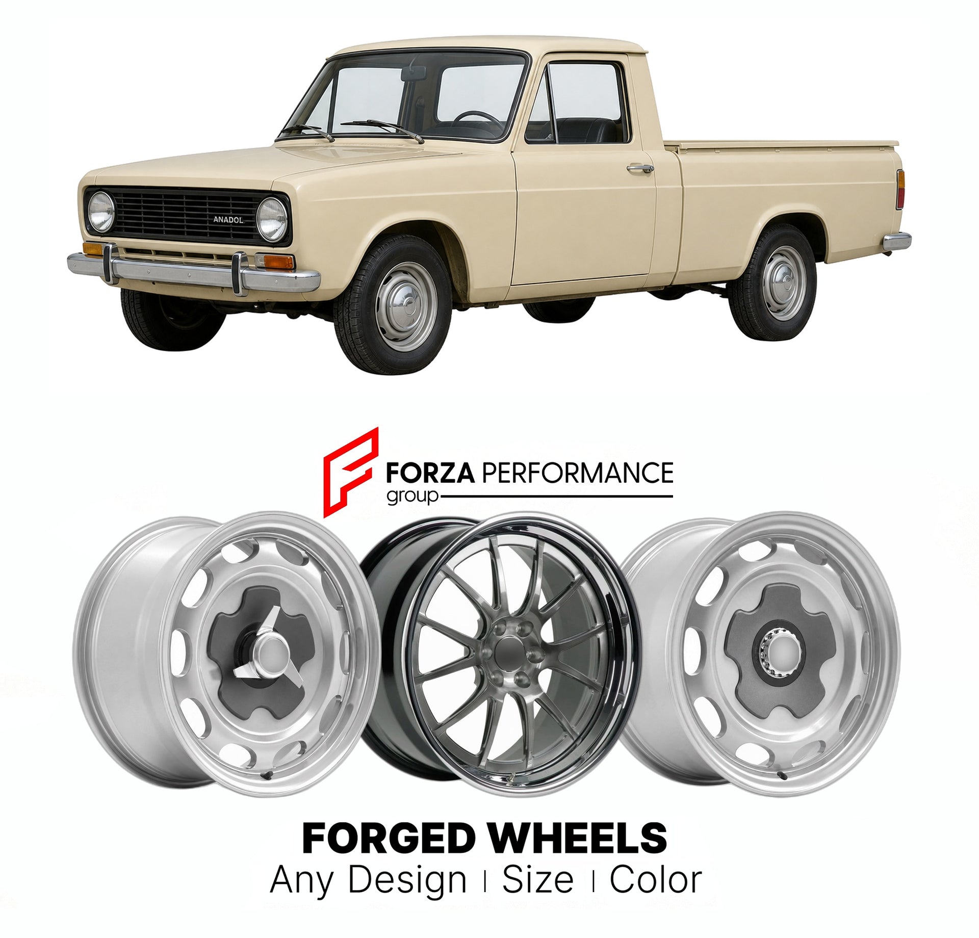 CUSTOM CLASSIC VINTAGE RESTOMOD RETRO OLD SCHOOL FORGED WHEELS RIMS for ANADOL P2 PICKUP 1971 - 1991

Custom forged wheels for Anadol P2 Pickup 1971 - 1991. Classic, vintage, restomod wheel designs made to order in custom sizes, offsets, colors and finishes.

We manufacture premium quality forged wheels rims for Anadol P2 Pickup 1971 - 1991 in any design, size, color.

THIS WHEEL DESIGN CAN BE CUSTOM-MADE FOR YOUR CAR IN ANY SIZE AND COLOR OPTIONS
Available in monoblock, 2-piece, 3-piece, duoblock, beadlock
