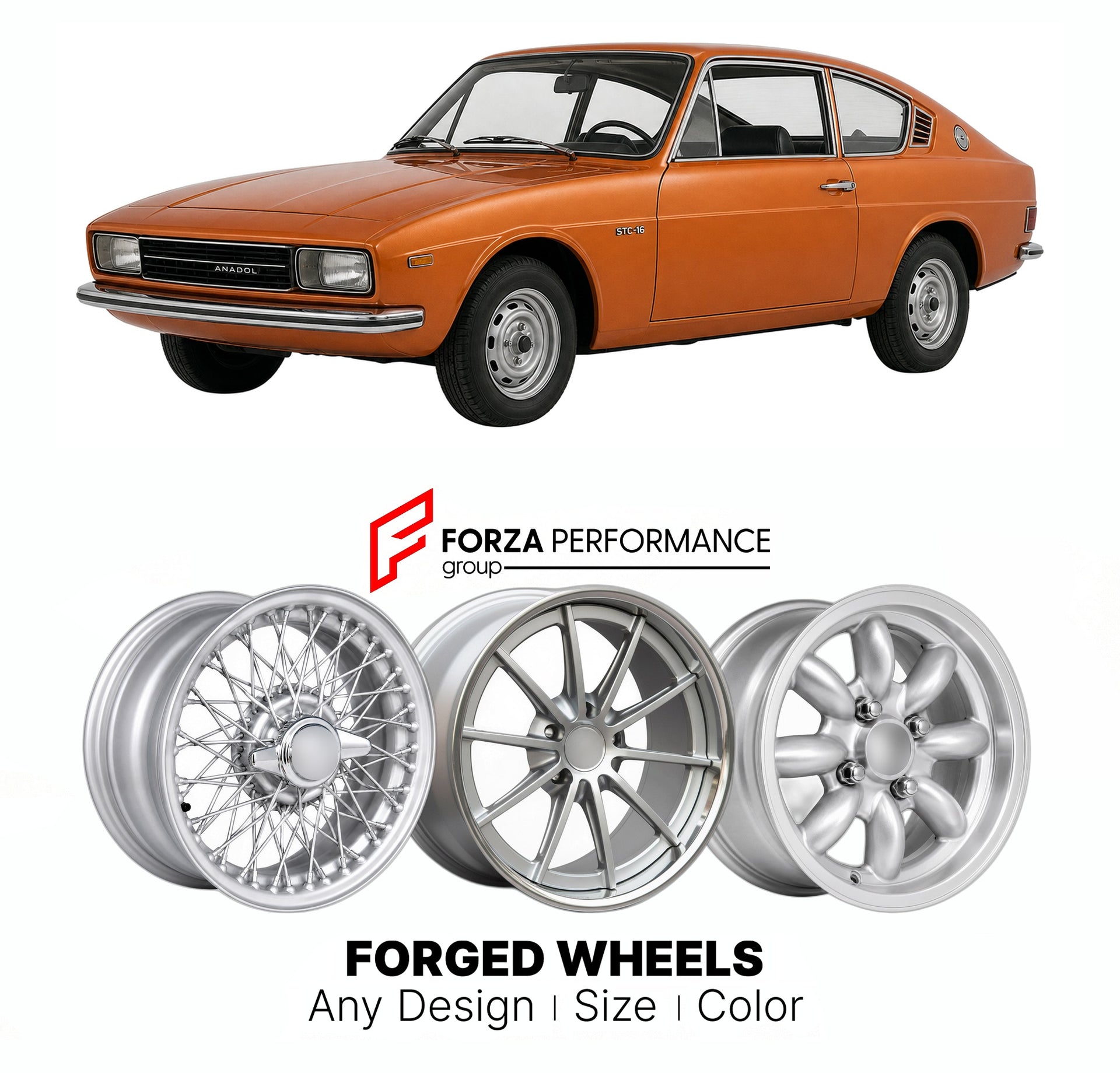 CUSTOM CLASSIC VINTAGE RESTOMOD RETRO OLD SCHOOL FORGED WHEELS RIMS for ANADOL STC-16 1973 - 1975

Custom forged wheels for Anadol STC-16 1973 - 1975. Classic, vintage, restomod wheel designs made to order in custom sizes, offsets, colors and finishes.

We manufacture premium quality forged wheels rims for Anadol STC-16 1973 - 1975 in any design, size, color.

THIS WHEEL DESIGN CAN BE CUSTOM-MADE FOR YOUR CAR IN ANY SIZE AND COLOR OPTIONS
Available in monoblock, 2-piece, 3-piece, duoblock, beadlock
3D wheel