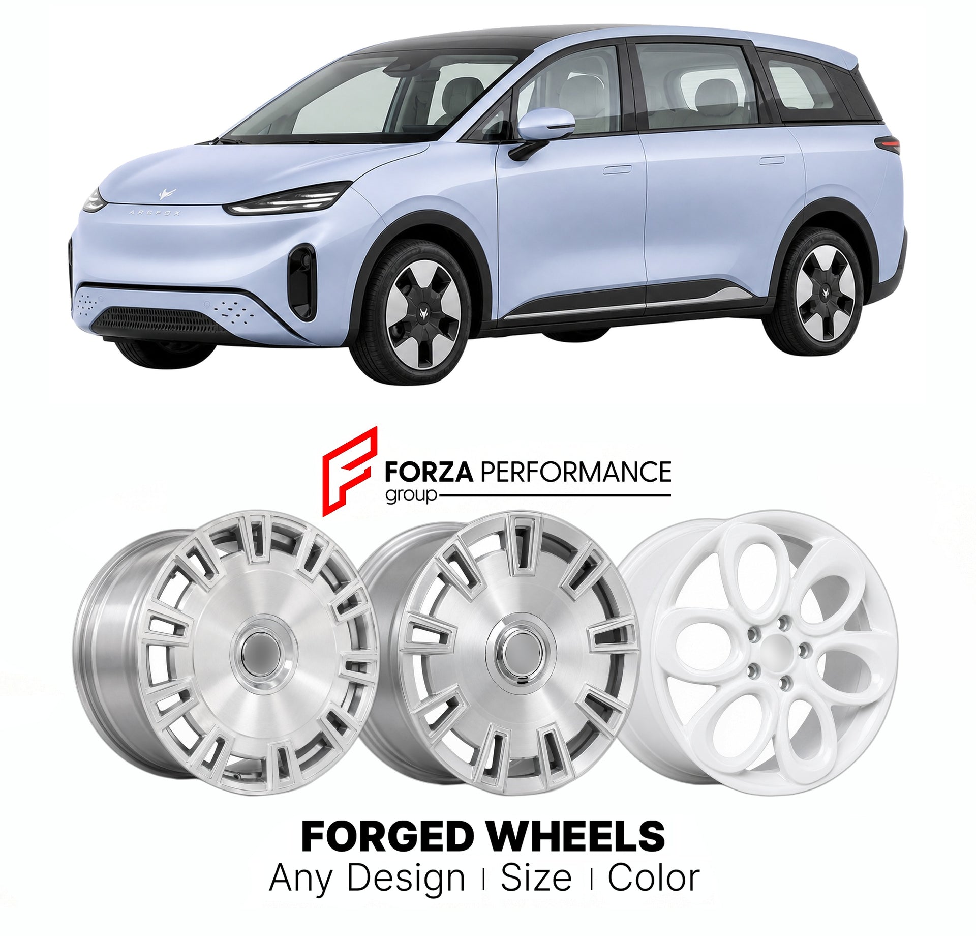 Custom forged wheels for Arcfox BAIC Kaola 2023+. Made-to-order monoblock, 2-piece and 3-piece wheels in custom sizes, offsets, colors and finishes with guaranteed vehicle fitment.

We manufacture premium quality forged wheels rims for Arcfox BAIC Kaola 2023+ in any design, size, color.

THIS WHEEL DESIGN CAN BE CUSTOM-MADE FOR YOUR CAR IN ANY SIZE AND COLOR OPTIONS
Available in monoblock, 2-piece, 3-piece, duoblock, beadlock
3D wheel renderings are provided according to the exact dimensions and specificati