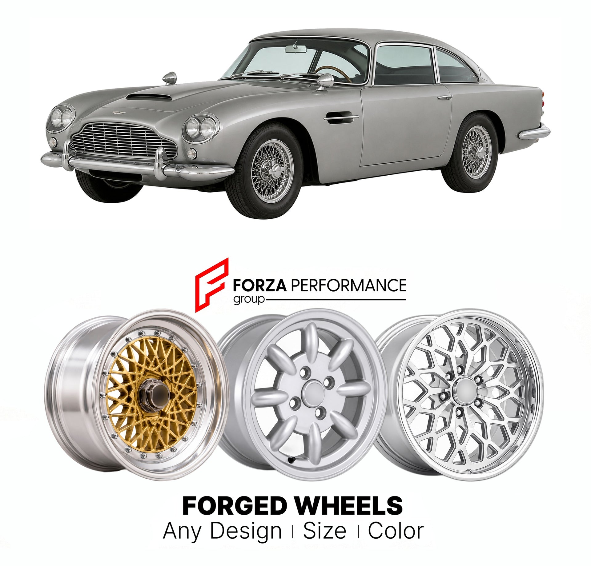 CUSTOM CLASSIC VINTAGE RESTOMOD RETRO OLD SCHOOL FORGED WHEELS RIMS for ASTON MARTIN DB5 DAVID BROWN SERIES 1963 - 1965

Custom forged wheels for Aston Martin DB5 David Brown Series 1963 - 1965. Classic, vintage, restomod wheel designs made to order in custom sizes, offsets, colors and finishes.

We manufacture premium quality forged wheels rims for Aston Martin DB5 David Brown Series 1963 - 1965 in any design, size, color.

THIS WHEEL DESIGN CAN BE CUSTOM-MADE FOR YOUR CAR IN ANY SIZE AND COLOR OPTIONS
Ava