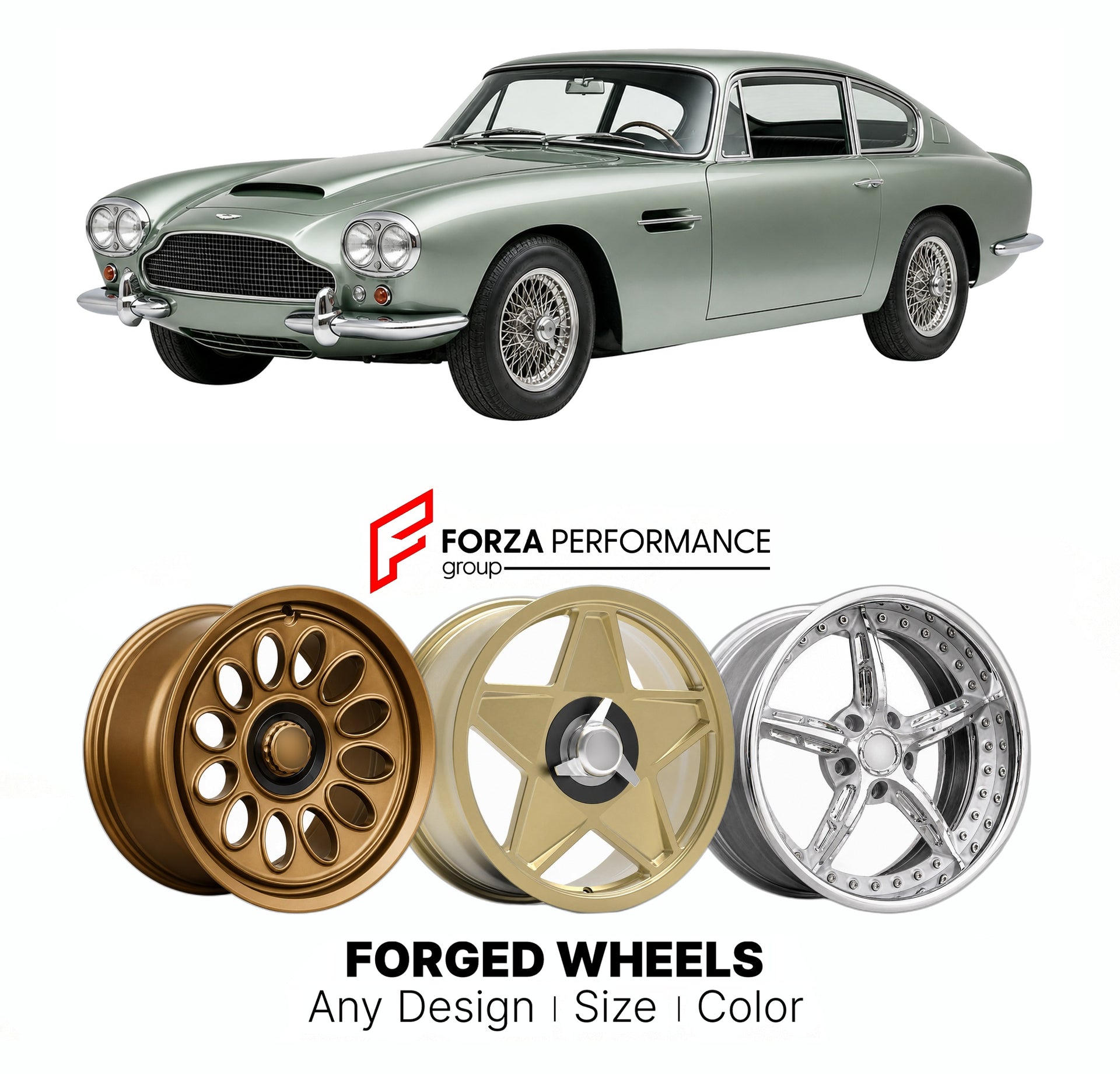 CUSTOM CLASSIC VINTAGE RESTOMOD RETRO OLD SCHOOL FORGED WHEELS RIMS for ASTON MARTIN DB6 1965 - 1970

Custom forged wheels for Aston Martin DB6 1965 - 1970. Classic, vintage, restomod wheel designs made to order in custom sizes, offsets, colors and finishes.

We manufacture premium quality forged wheels rims for Aston Martin DB6 1965 - 1970 in any design, size, color.

THIS WHEEL DESIGN CAN BE CUSTOM-MADE FOR YOUR CAR IN ANY SIZE AND COLOR OPTIONS
Available in monoblock, 2-piece, 3-piece, duoblock, beadlock