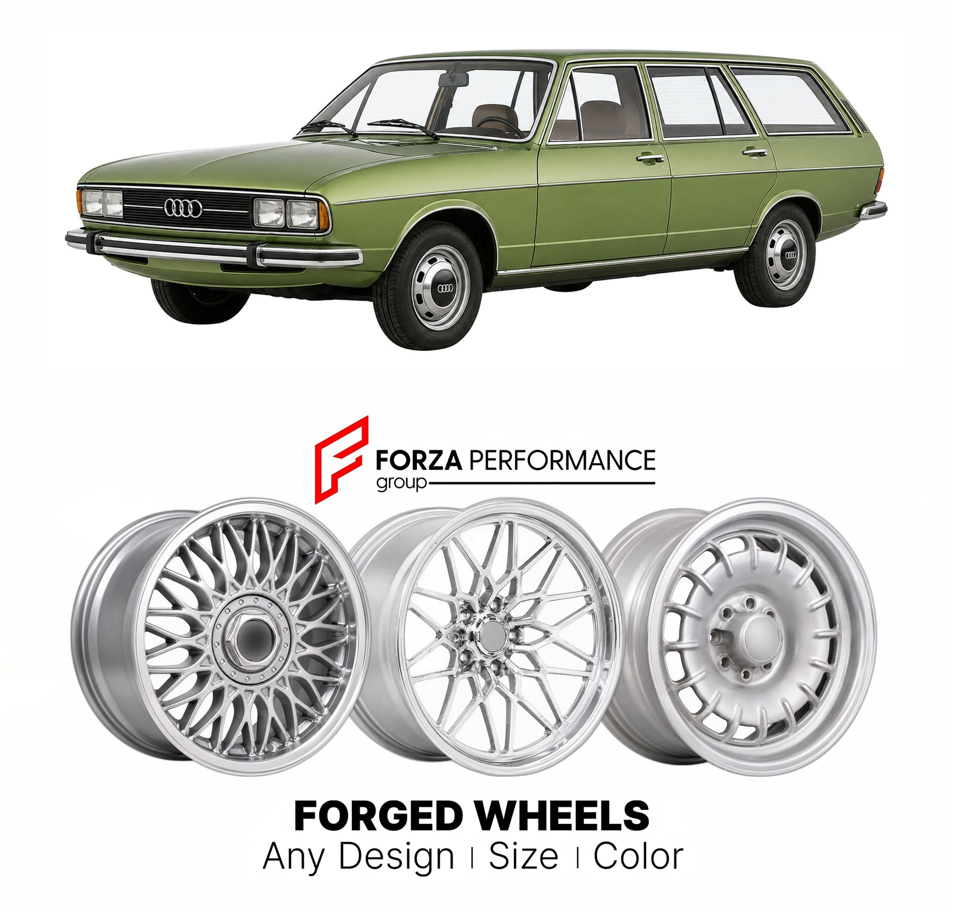 CUSTOM CLASSIC VINTAGE RESTOMOD RETRO OLD SCHOOL FORGED WHEELS RIMS for AUDI 100 200 A6 AVANT C2 1977 - 1982

Custom forged wheels for Audi 100 200 A6 Avant C2 1977 - 1982. Classic, vintage, restomod wheel designs made to order in custom sizes, offsets, colors and finishes.

We manufacture premium quality forged wheels rims for Audi 100 200 A6 Avant C2 1977 - 1982 in any design, size, color.

THIS WHEEL DESIGN CAN BE CUSTOM-MADE FOR YOUR CAR IN ANY SIZE AND COLOR OPTIONS
Available in monoblock, 2-piece, 3-p