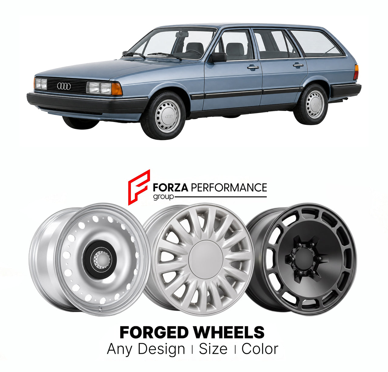 CUSTOM CLASSIC VINTAGE RESTOMOD RETRO OLD SCHOOL FORGED WHEELS RIMS for AUDI 100 200 A6 AVANT C3 1983 - 1991

Custom forged wheels for Audi 100 200 A6 Avant C3 1983 - 1991. Classic, vintage, restomod wheel designs made to order in custom sizes, offsets, colors and finishes.

We manufacture premium quality forged wheels rims for Audi 100 200 A6 Avant C3 1983 - 1991 in any design, size, color.

THIS WHEEL DESIGN CAN BE CUSTOM-MADE FOR YOUR CAR IN ANY SIZE AND COLOR OPTIONS
Available in monoblock, 2-piece, 3-p