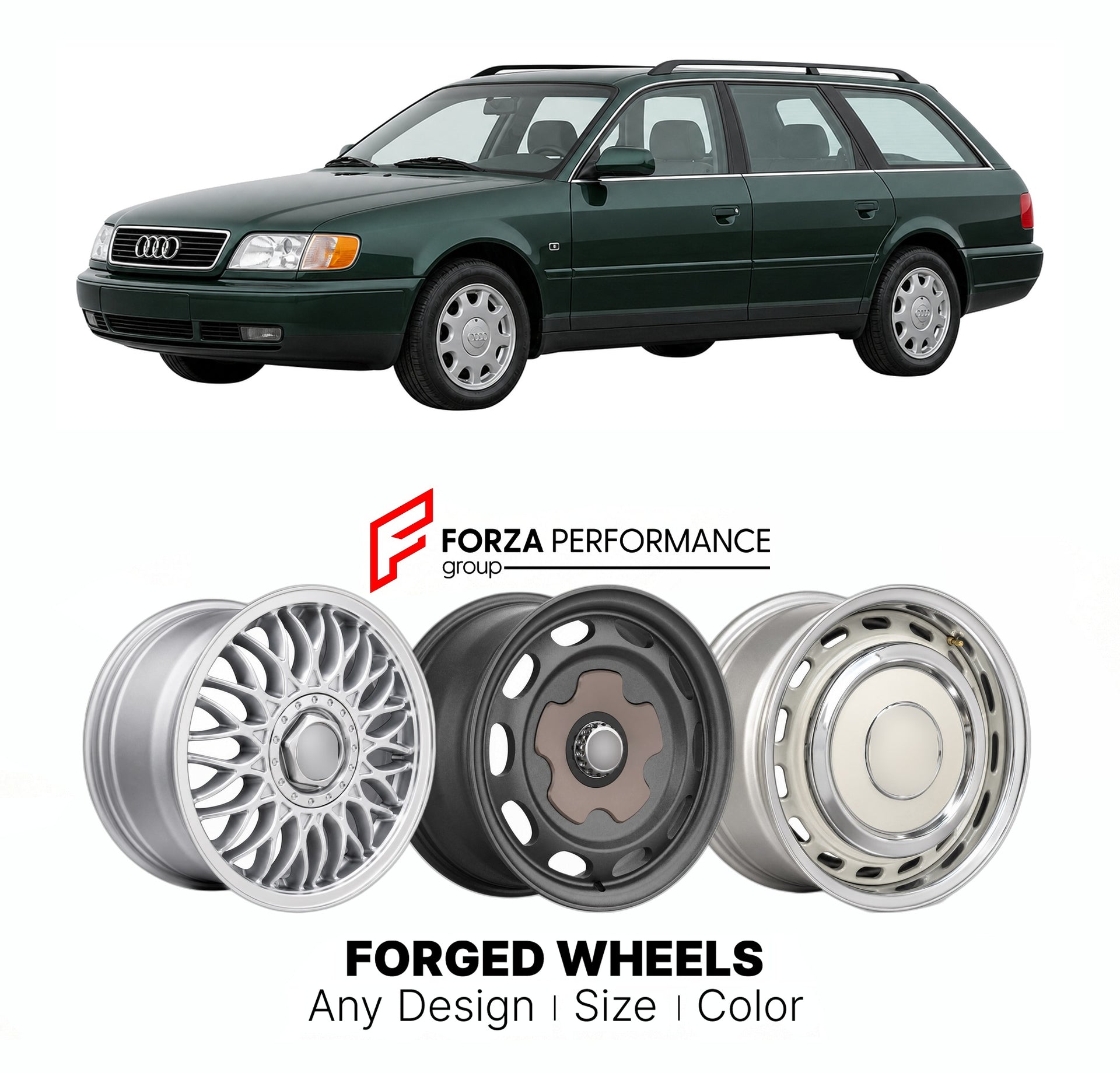 CUSTOM CLASSIC VINTAGE RESTOMOD RETRO OLD SCHOOL FORGED WHEELS RIMS for AUDI 100 200 A6 AVANT C5 1998 - 2005

Custom forged wheels for Audi 100 200 A6 Avant C5 1998 - 2005. Classic, vintage, restomod wheel designs made to order in custom sizes, offsets, colors and finishes.

We manufacture premium quality forged wheels rims for Audi 100 200 A6 Avant C5 1998 - 2005 in any design, size, color.

THIS WHEEL DESIGN CAN BE CUSTOM-MADE FOR YOUR CAR IN ANY SIZE AND COLOR OPTIONS
Available in monoblock, 2-piece, 3-p