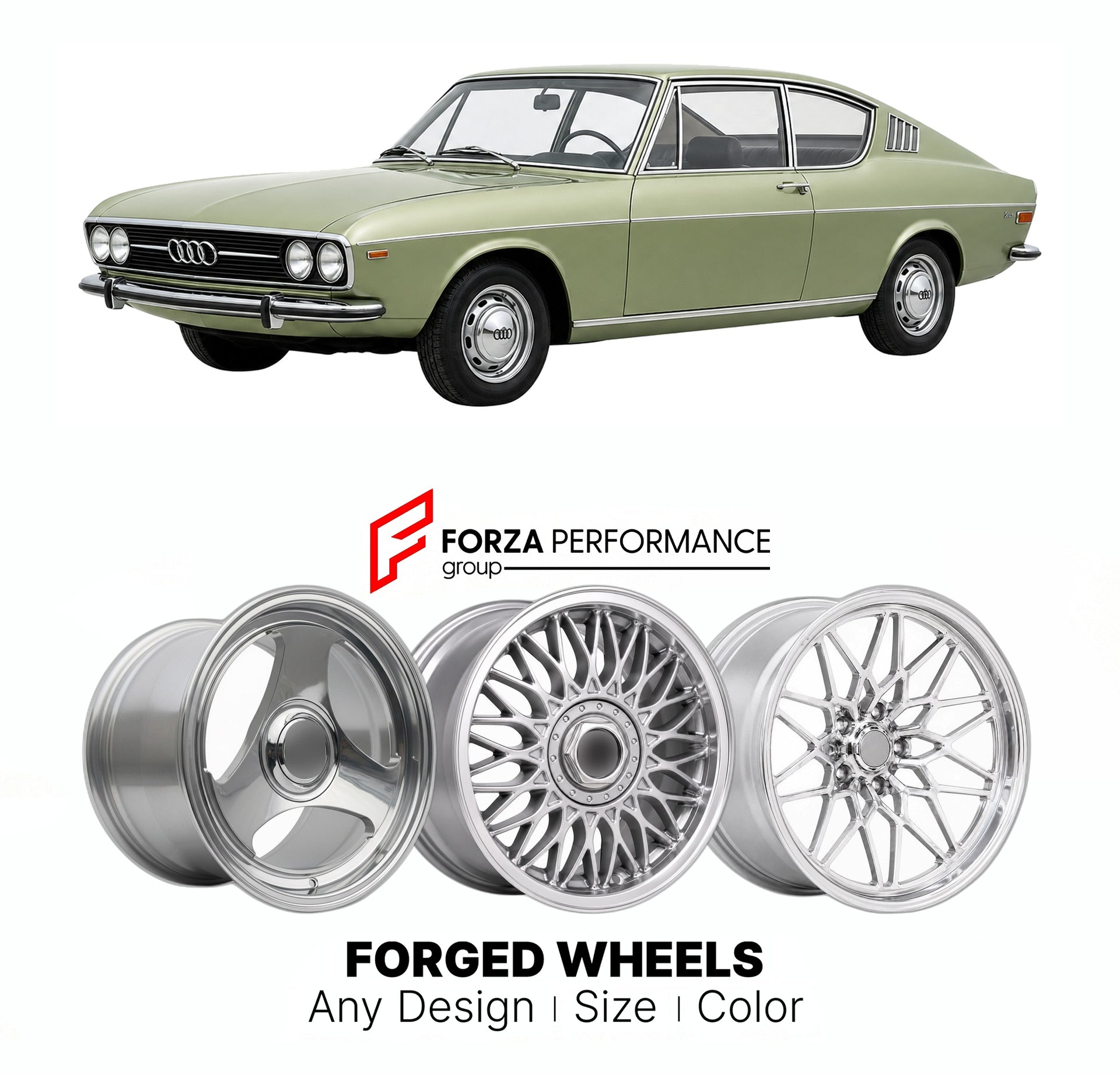 CUSTOM CLASSIC VINTAGE RESTOMOD RETRO OLD SCHOOL FORGED WHEELS RIMS for AUDI 100 200 A6 C1 1968 - 1976

Custom forged wheels for Audi 100 200 A6 C1 1968 - 1976. Classic, vintage, restomod wheel designs made to order in custom sizes, offsets, colors and finishes.

We manufacture premium quality forged wheels rims for Audi 100 200 A6 C1 1968 - 1976 in any design, size, color.

THIS WHEEL DESIGN CAN BE CUSTOM-MADE FOR YOUR CAR IN ANY SIZE AND COLOR OPTIONS
Available in monoblock, 2-piece, 3-piece, duoblock, be