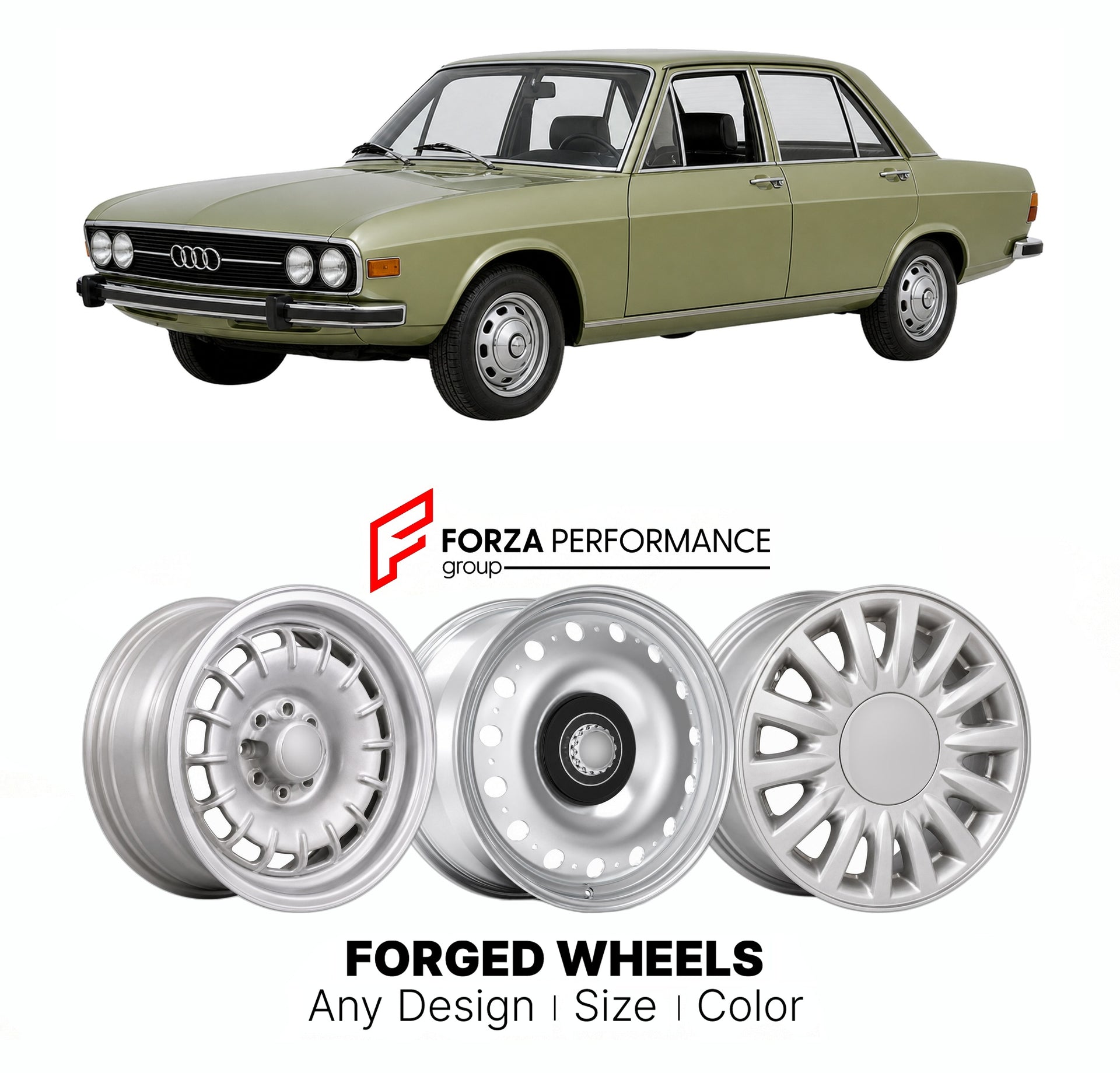 CUSTOM CLASSIC VINTAGE RESTOMOD RETRO OLD SCHOOL FORGED WHEELS RIMS for AUDI 100 200 A6 C2 1976 - 1982

Custom forged wheels for Audi 100 200 A6 C2 1976 - 1982. Classic, vintage, restomod wheel designs made to order in custom sizes, offsets, colors and finishes.

We manufacture premium quality forged wheels rims for Audi 100 200 A6 C2 1976 - 1982 in any design, size, color.

THIS WHEEL DESIGN CAN BE CUSTOM-MADE FOR YOUR CAR IN ANY SIZE AND COLOR OPTIONS
Available in monoblock, 2-piece, 3-piece, duoblock, be
