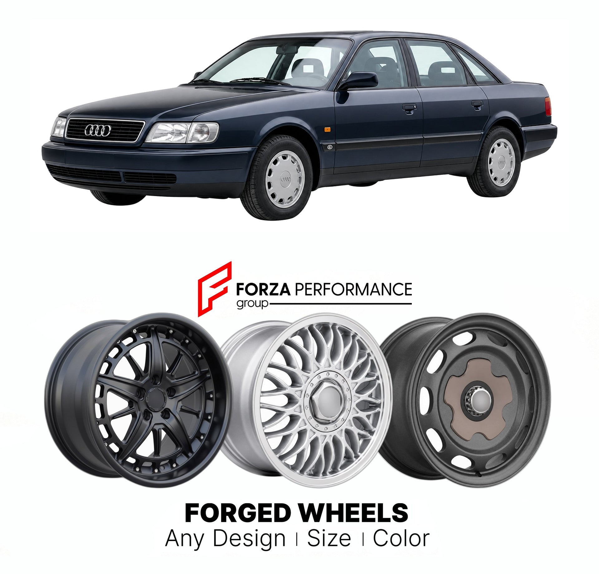CUSTOM CLASSIC VINTAGE RESTOMOD RETRO OLD SCHOOL FORGED WHEELS RIMS for AUDI 100 200 A6 C4 1990 - 1994

Custom forged wheels for Audi 100 200 A6 C4 1990 - 1994. Classic, vintage, restomod wheel designs made to order in custom sizes, offsets, colors and finishes.

We manufacture premium quality forged wheels rims for Audi 100 200 A6 C4 1990 - 1994 in any design, size, color.

THIS WHEEL DESIGN CAN BE CUSTOM-MADE FOR YOUR CAR IN ANY SIZE AND COLOR OPTIONS
Available in monoblock, 2-piece, 3-piece, duoblock, be