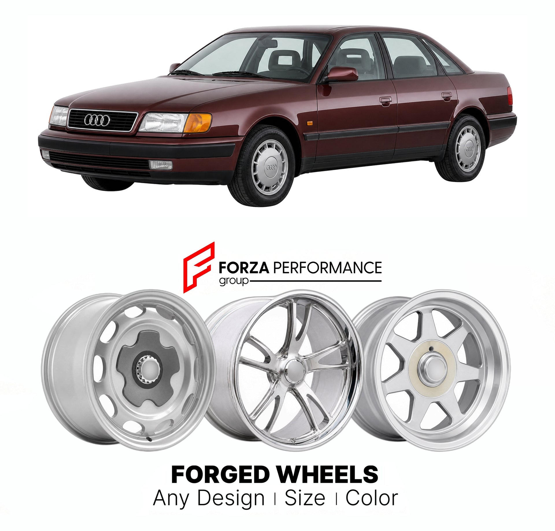 CUSTOM CLASSIC VINTAGE RESTOMOD RETRO OLD SCHOOL FORGED WHEELS RIMS for AUDI 100 200 A6 C4 1994 - 1997

Custom forged wheels for Audi 100 200 A6 C4 1994 - 1997. Classic, vintage, restomod wheel designs made to order in custom sizes, offsets, colors and finishes.

We manufacture premium quality forged wheels rims for Audi 100 200 A6 C4 1994 - 1997 in any design, size, color.

THIS WHEEL DESIGN CAN BE CUSTOM-MADE FOR YOUR CAR IN ANY SIZE AND COLOR OPTIONS
Available in monoblock, 2-piece, 3-piece, duoblock, be