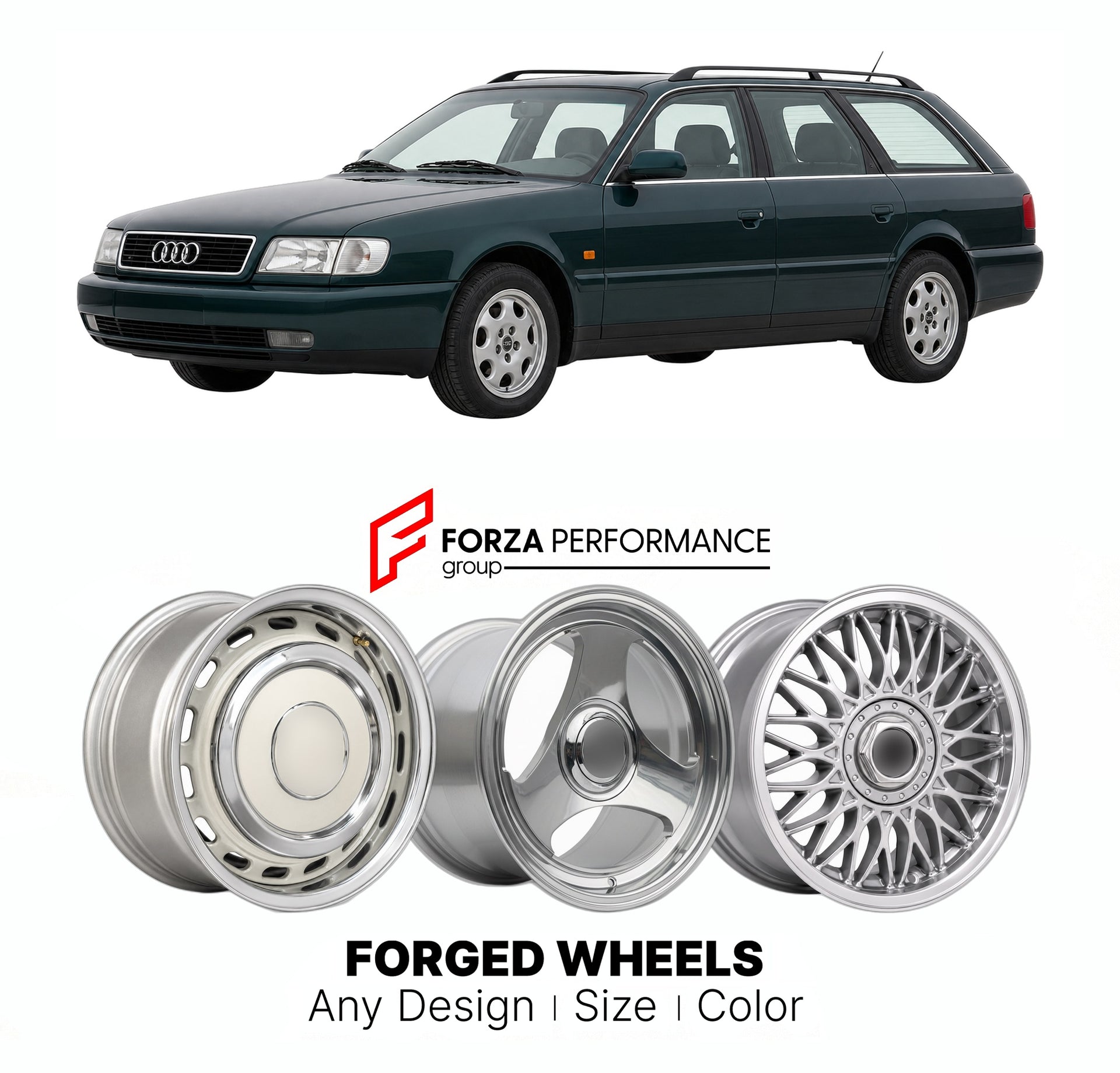 CUSTOM CLASSIC VINTAGE RESTOMOD RETRO OLD SCHOOL FORGED WHEELS RIMS for AUDI 100 200 A6 C4 AVANT 1991 - 1994

Custom forged wheels for Audi 100 200 A6 C4 Avant 1991 - 1994. Classic, vintage, restomod wheel designs made to order in custom sizes, offsets, colors and finishes.

We manufacture premium quality forged wheels rims for Audi 100 200 A6 C4 Avant 1991 - 1994 in any design, size, color.

THIS WHEEL DESIGN CAN BE CUSTOM-MADE FOR YOUR CAR IN ANY SIZE AND COLOR OPTIONS
Available in monoblock, 2-piece, 3-p