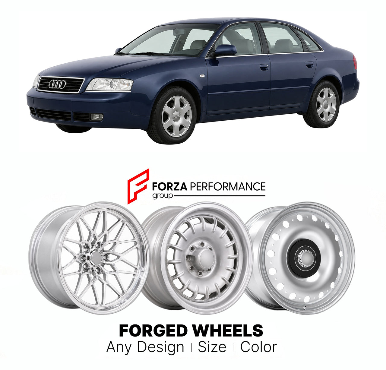 CUSTOM CLASSIC VINTAGE RESTOMOD RETRO OLD SCHOOL FORGED WHEELS RIMS for AUDI 100 200 A6 C5 1997 - 2004

Custom forged wheels for Audi 100 200 A6 C5 1997 - 2004. Classic, vintage, restomod wheel designs made to order in custom sizes, offsets, colors and finishes.

We manufacture premium quality forged wheels rims for Audi 100 200 A6 C5 1997 - 2004 in any design, size, color.

THIS WHEEL DESIGN CAN BE CUSTOM-MADE FOR YOUR CAR IN ANY SIZE AND COLOR OPTIONS
Available in monoblock, 2-piece, 3-piece, duoblock, be