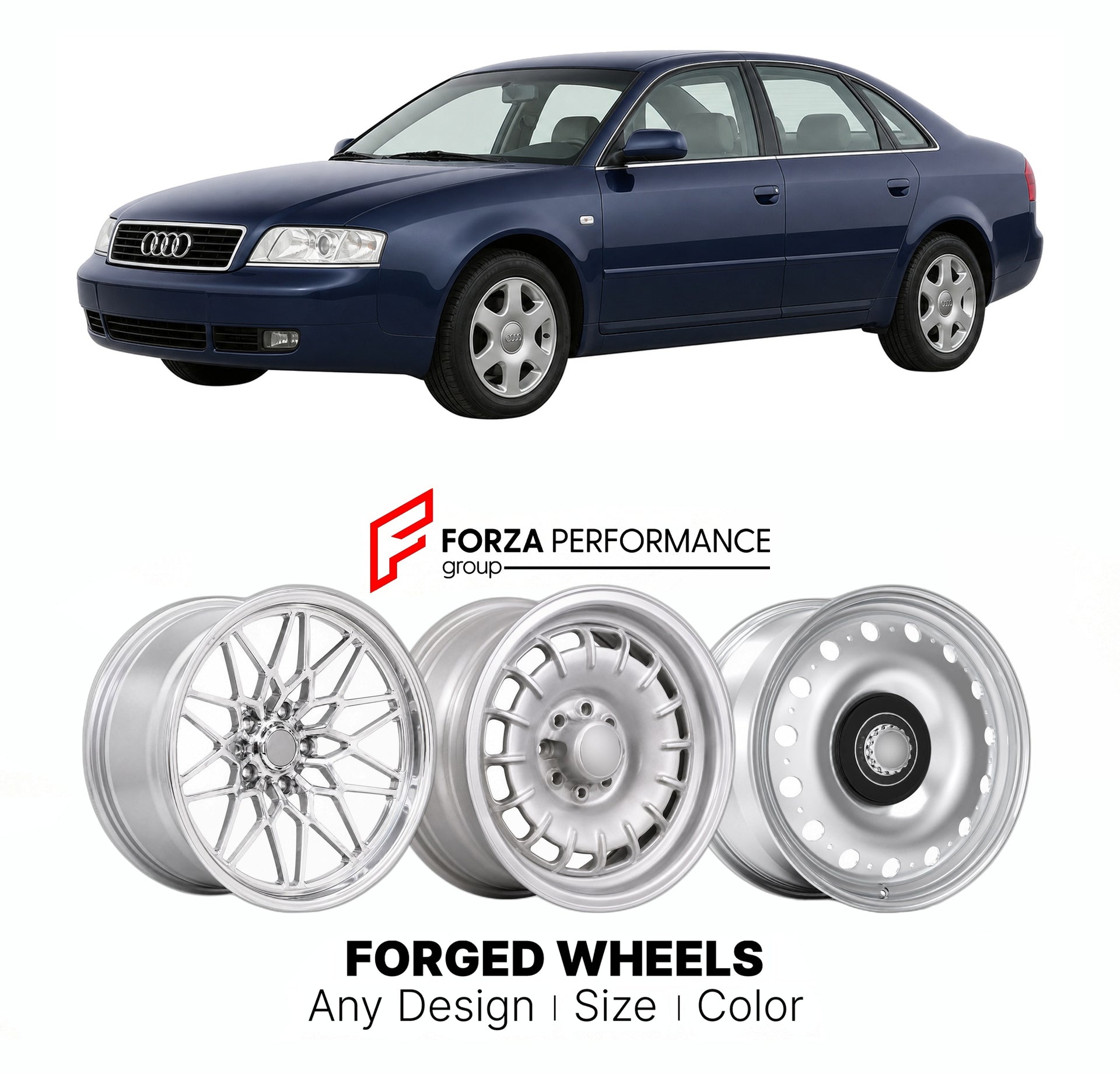 CUSTOM CLASSIC VINTAGE RESTOMOD RETRO OLD SCHOOL FORGED WHEELS RIMS for AUDI 100 200 A6 C5 1997 - 2004

Custom forged wheels for Audi 100 200 A6 C5 1997 - 2004. Classic, vintage, restomod wheel designs made to order in custom sizes, offsets, colors and finishes.

We manufacture premium quality forged wheels rims for Audi 100 200 A6 C5 1997 - 2004 in any design, size, color.

THIS WHEEL DESIGN CAN BE CUSTOM-MADE FOR YOUR CAR IN ANY SIZE AND COLOR OPTIONS
Available in monoblock, 2-piece, 3-piece, duoblock, be
