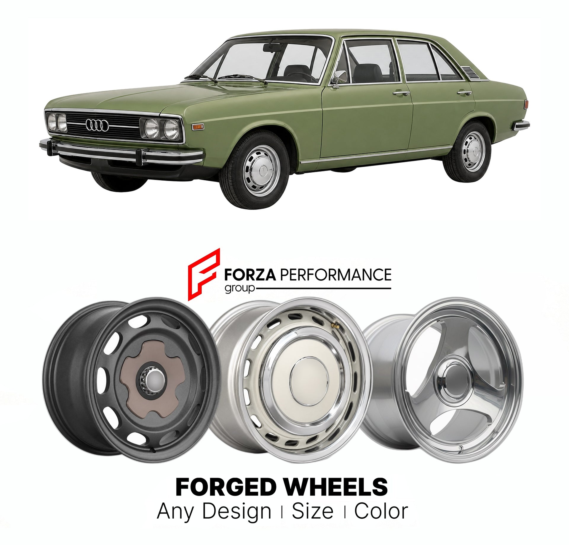 CUSTOM CLASSIC VINTAGE RESTOMOD RETRO OLD SCHOOL FORGED WHEELS RIMS for AUDI 100 C2 1976 - 1982

Custom forged wheels for Audi 100 C2 1976 - 1982. Classic, vintage, restomod wheel designs made to order in custom sizes, offsets, colors and finishes.

We manufacture premium quality forged wheels rims for Audi 100 C2 1976 - 1982 in any design, size, color.

THIS WHEEL DESIGN CAN BE CUSTOM-MADE FOR YOUR CAR IN ANY SIZE AND COLOR OPTIONS
Available in monoblock, 2-piece, 3-piece, duoblock, beadlock
3D wheel rende
