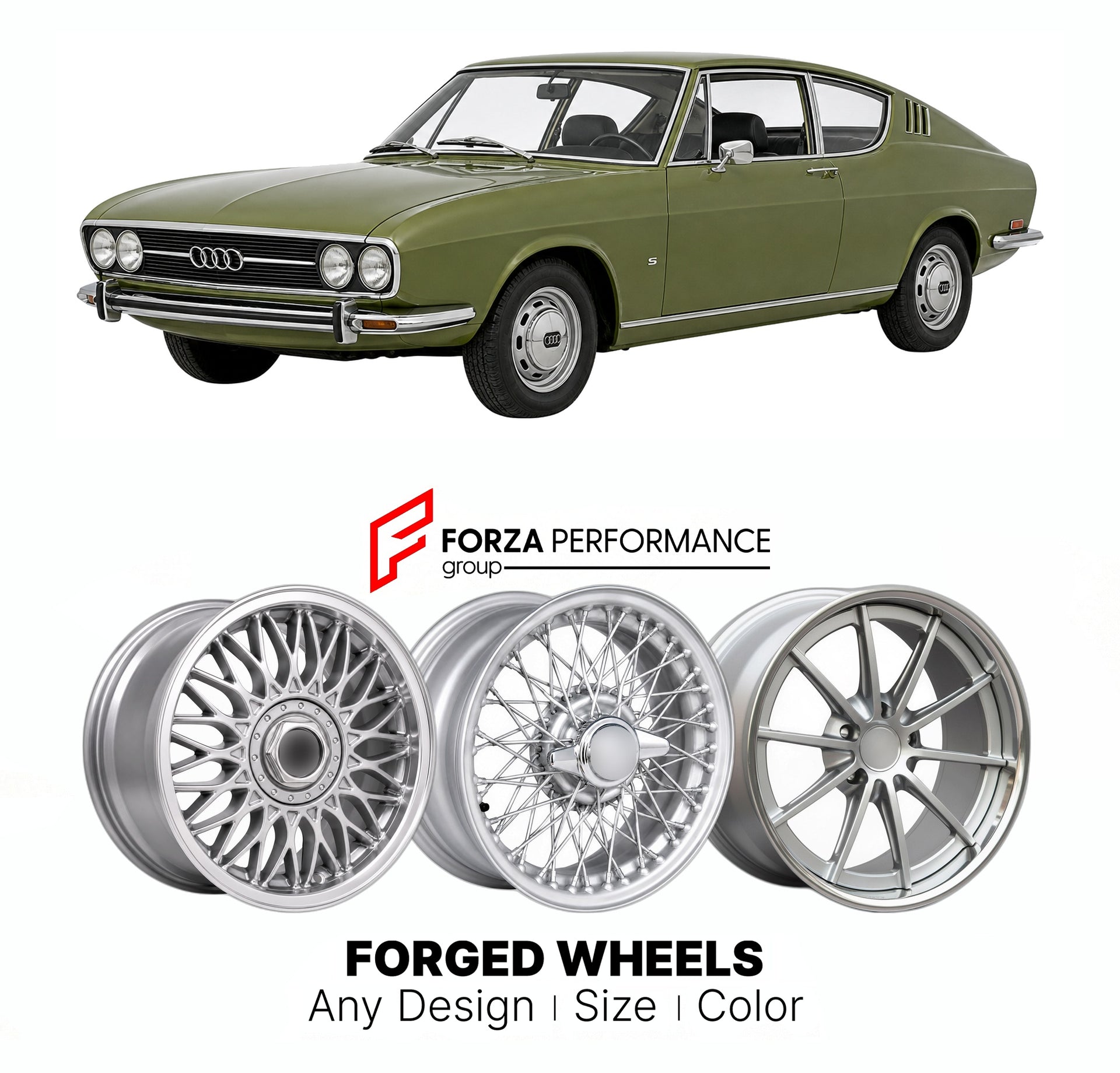CUSTOM CLASSIC VINTAGE RESTOMOD RETRO OLD SCHOOL FORGED WHEELS RIMS for AUDI 100 COUPE S C1 1969 - 1976

Custom forged wheels for Audi 100 Coupe S C1 1969 - 1976. Classic, vintage, restomod wheel designs made to order in custom sizes, offsets, colors and finishes.

We manufacture premium quality forged wheels rims for Audi 100 Coupe S C1 1969 - 1976 in any design, size, color.

THIS WHEEL DESIGN CAN BE CUSTOM-MADE FOR YOUR CAR IN ANY SIZE AND COLOR OPTIONS
Available in monoblock, 2-piece, 3-piece, duoblock,