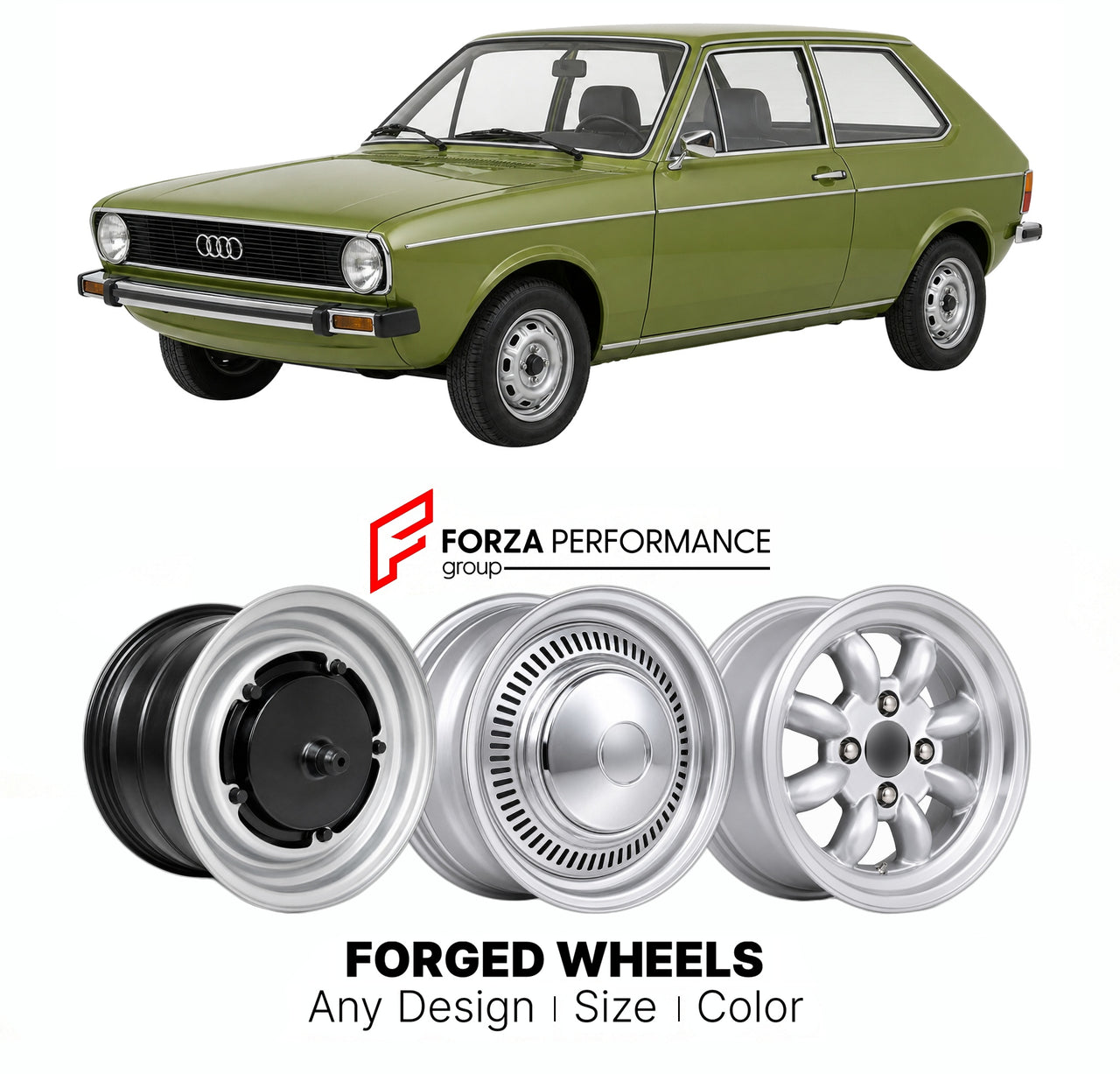 CUSTOM CLASSIC VINTAGE RESTOMOD RETRO OLD SCHOOL FORGED WHEELS RIMS for AUDI 50 TYP 86 1974 - 1978

Custom forged wheels for Audi 50 Typ 86 1974 - 1978. Classic, vintage, restomod wheel designs made to order in custom sizes, offsets, colors and finishes.

We manufacture premium quality forged wheels rims for Audi 50 Typ 86 1974 - 1978 in any design, size, color.

THIS WHEEL DESIGN CAN BE CUSTOM-MADE FOR YOUR CAR IN ANY SIZE AND COLOR OPTIONS
Available in monoblock, 2-piece, 3-piece, duoblock, beadlock
3D wh