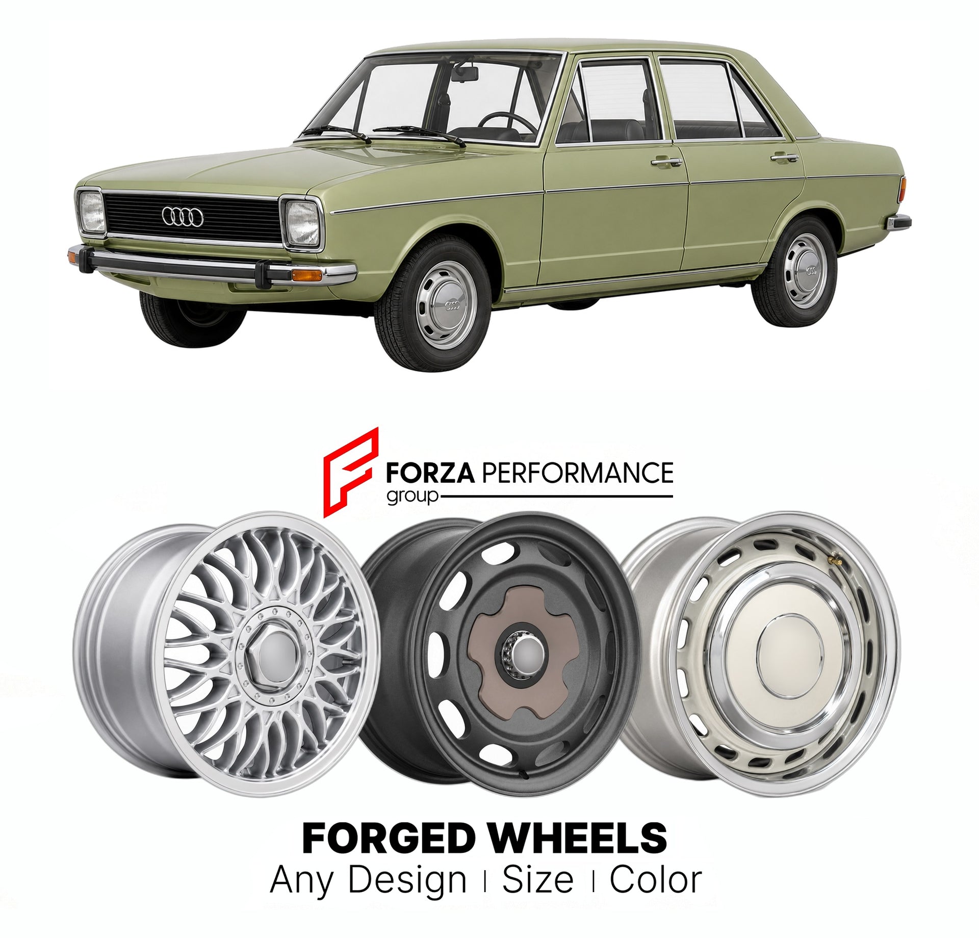 CUSTOM CLASSIC VINTAGE RESTOMOD RETRO OLD SCHOOL FORGED WHEELS RIMS for AUDI 80 90 B1 1972 - 1978

Custom forged wheels for Audi 80 90 B1 1972 - 1978. Classic, vintage, restomod wheel designs made to order in custom sizes, offsets, colors and finishes.

We manufacture premium quality forged wheels rims for Audi 80 90 B1 1972 - 1978 in any design, size, color.

THIS WHEEL DESIGN CAN BE CUSTOM-MADE FOR YOUR CAR IN ANY SIZE AND COLOR OPTIONS
Available in monoblock, 2-piece, 3-piece, duoblock, beadlock
3D wheel