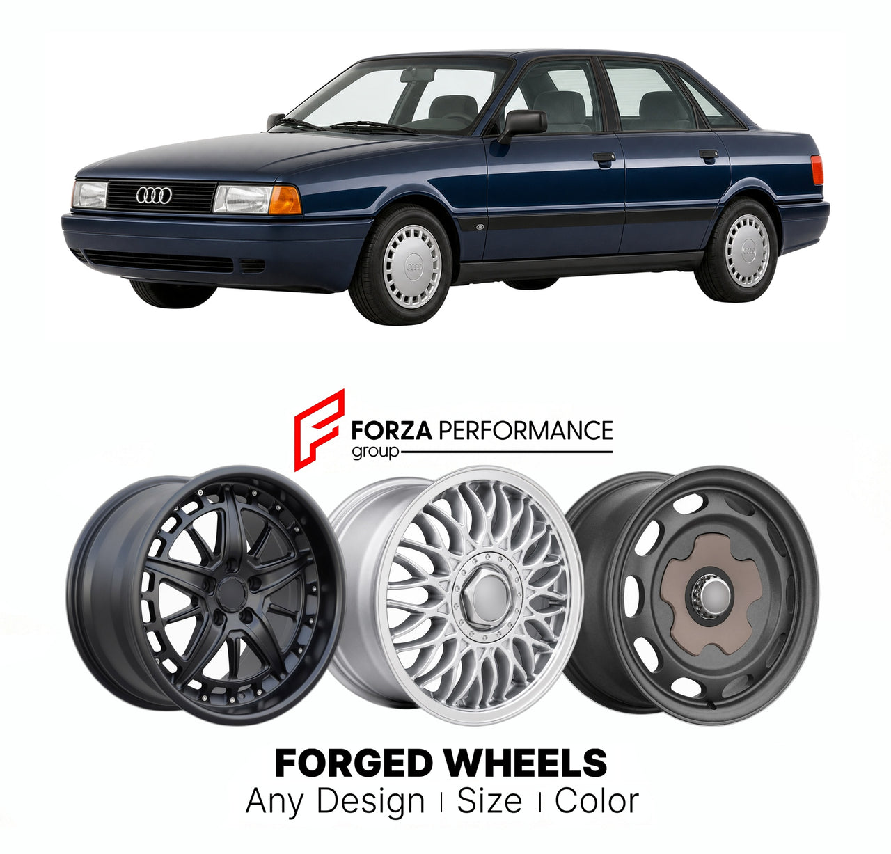 CUSTOM CLASSIC VINTAGE RESTOMOD RETRO OLD SCHOOL FORGED WHEELS RIMS for AUDI 80 90 B3 TYP 89 1986 - 1991

Custom forged wheels for Audi 80 90 B3 Typ 89 1986 - 1991. Classic, vintage, restomod wheel designs made to order in custom sizes, offsets, colors and finishes.

We manufacture premium quality forged wheels rims for Audi 80 90 B3 Typ 89 1986 - 1991 in any design, size, color.

THIS WHEEL DESIGN CAN BE CUSTOM-MADE FOR YOUR CAR IN ANY SIZE AND COLOR OPTIONS
Available in monoblock, 2-piece, 3-piece, duoblo