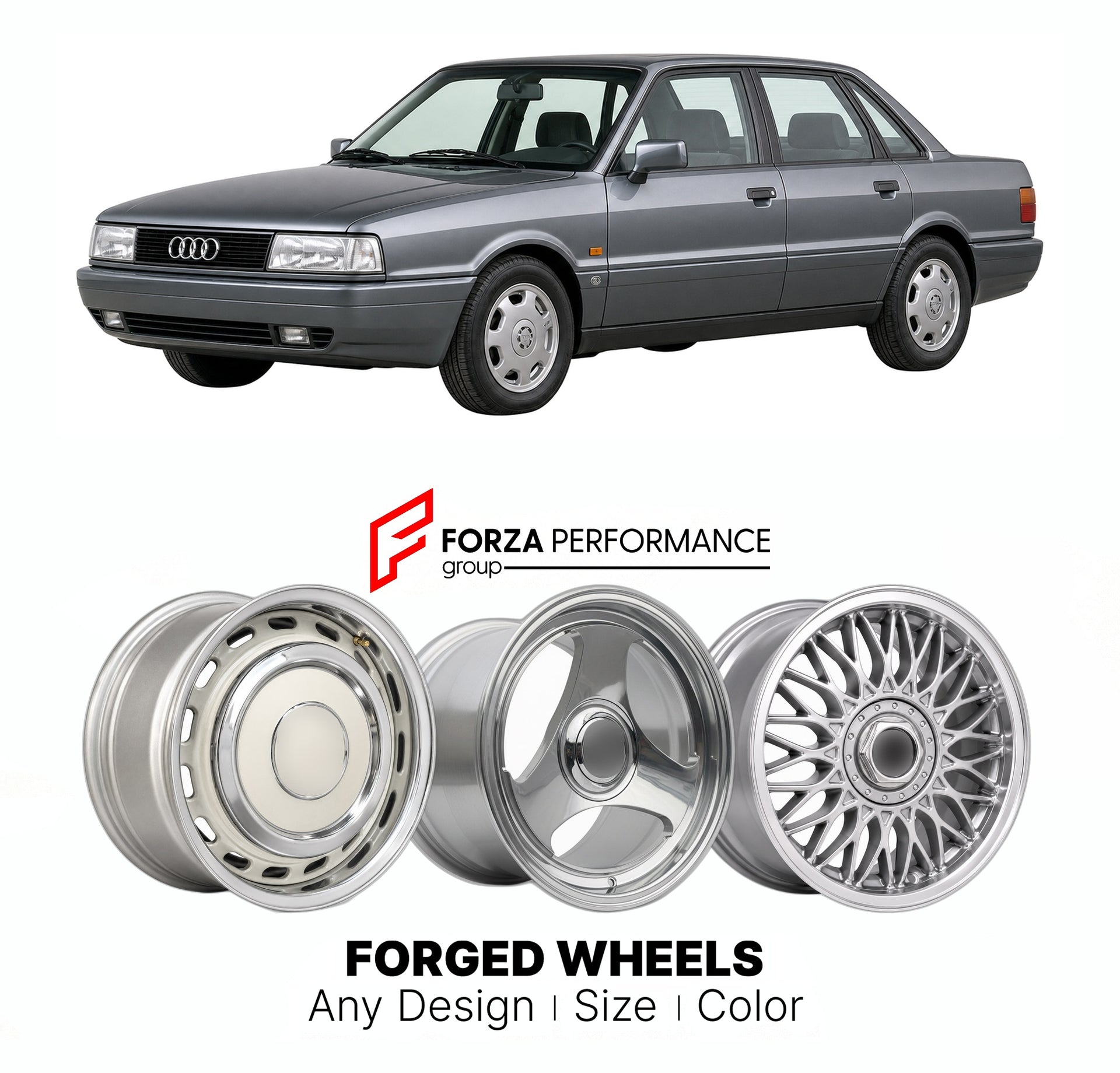 CUSTOM CLASSIC VINTAGE RESTOMOD RETRO OLD SCHOOL FORGED WHEELS RIMS for AUDI 80 90 B4 1991 - 1996

Custom forged wheels for Audi 80 90 B4 1991 - 1996. Classic, vintage, restomod wheel designs made to order in custom sizes, offsets, colors and finishes.

We manufacture premium quality forged wheels rims for Audi 80 90 B4 1991 - 1996 in any design, size, color.

THIS WHEEL DESIGN CAN BE CUSTOM-MADE FOR YOUR CAR IN ANY SIZE AND COLOR OPTIONS
Available in monoblock, 2-piece, 3-piece, duoblock, beadlock
3D wheel