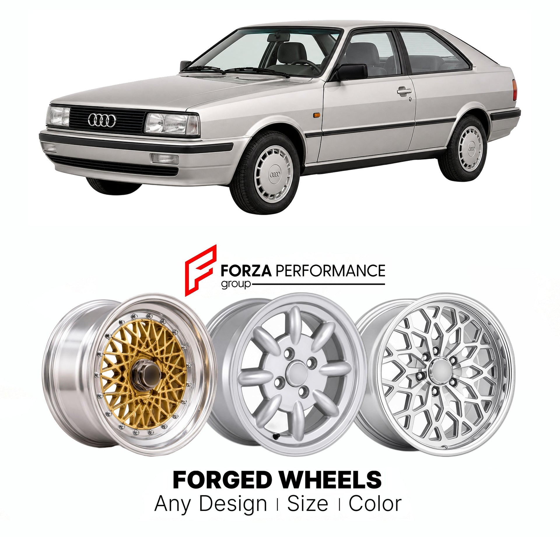 CUSTOM CLASSIC VINTAGE RESTOMOD RETRO OLD SCHOOL FORGED WHEELS RIMS for AUDI 80 90 COUPE B3 1988 - 1996

Custom forged wheels for Audi 80 90 Coupe B3 1988 - 1996. Classic, vintage, restomod wheel designs made to order in custom sizes, offsets, colors and finishes.

We manufacture premium quality forged wheels rims for Audi 80 90 Coupe B3 1988 - 1996 in any design, size, color.

THIS WHEEL DESIGN CAN BE CUSTOM-MADE FOR YOUR CAR IN ANY SIZE AND COLOR OPTIONS
Available in monoblock, 2-piece, 3-piece, duoblock,