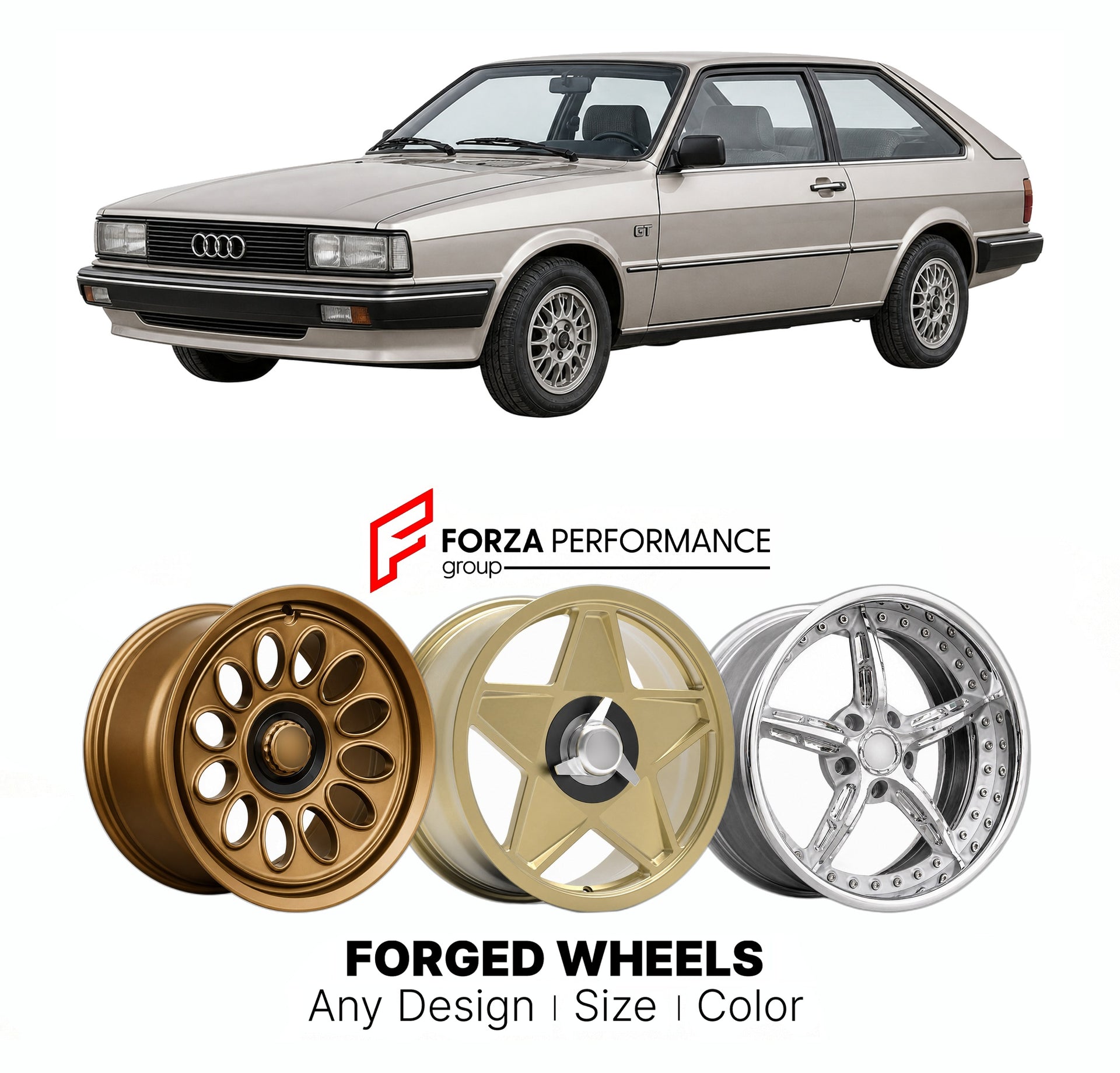 CUSTOM CLASSIC VINTAGE RESTOMOD RETRO OLD SCHOOL FORGED WHEELS RIMS for AUDI 80 90 COUPE GT B2 1980 - 1988

Custom forged wheels for Audi 80 90 Coupe GT B2 1980 - 1988. Classic, vintage, restomod wheel designs made to order in custom sizes, offsets, colors and finishes.

We manufacture premium quality forged wheels rims for Audi 80 90 Coupe GT B2 1980 - 1988 in any design, size, color.

THIS WHEEL DESIGN CAN BE CUSTOM-MADE FOR YOUR CAR IN ANY SIZE AND COLOR OPTIONS
Available in monoblock, 2-piece, 3-piece, 