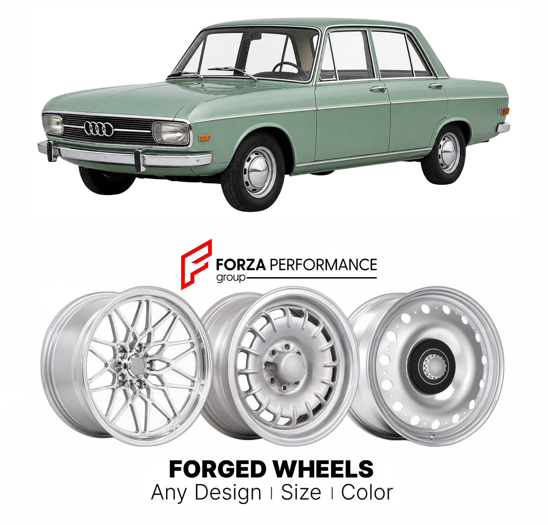 CUSTOM CLASSIC VINTAGE RESTOMOD RETRO OLD SCHOOL FORGED WHEELS RIMS for AUDI 80 90 F103 60 72 75 SUPER 1965 - 1972

Custom forged wheels for Audi 80 90 F103 60 72 75 Super 1965 - 1972. Classic, vintage, restomod wheel designs made to order in custom sizes, offsets, colors and finishes.

We manufacture premium quality forged wheels rims for Audi 80 90 F103 60 72 75 Super 1965 - 1972 in any design, size, color.

THIS WHEEL DESIGN CAN BE CUSTOM-MADE FOR YOUR CAR IN ANY SIZE AND COLOR OPTIONS
Available in monob