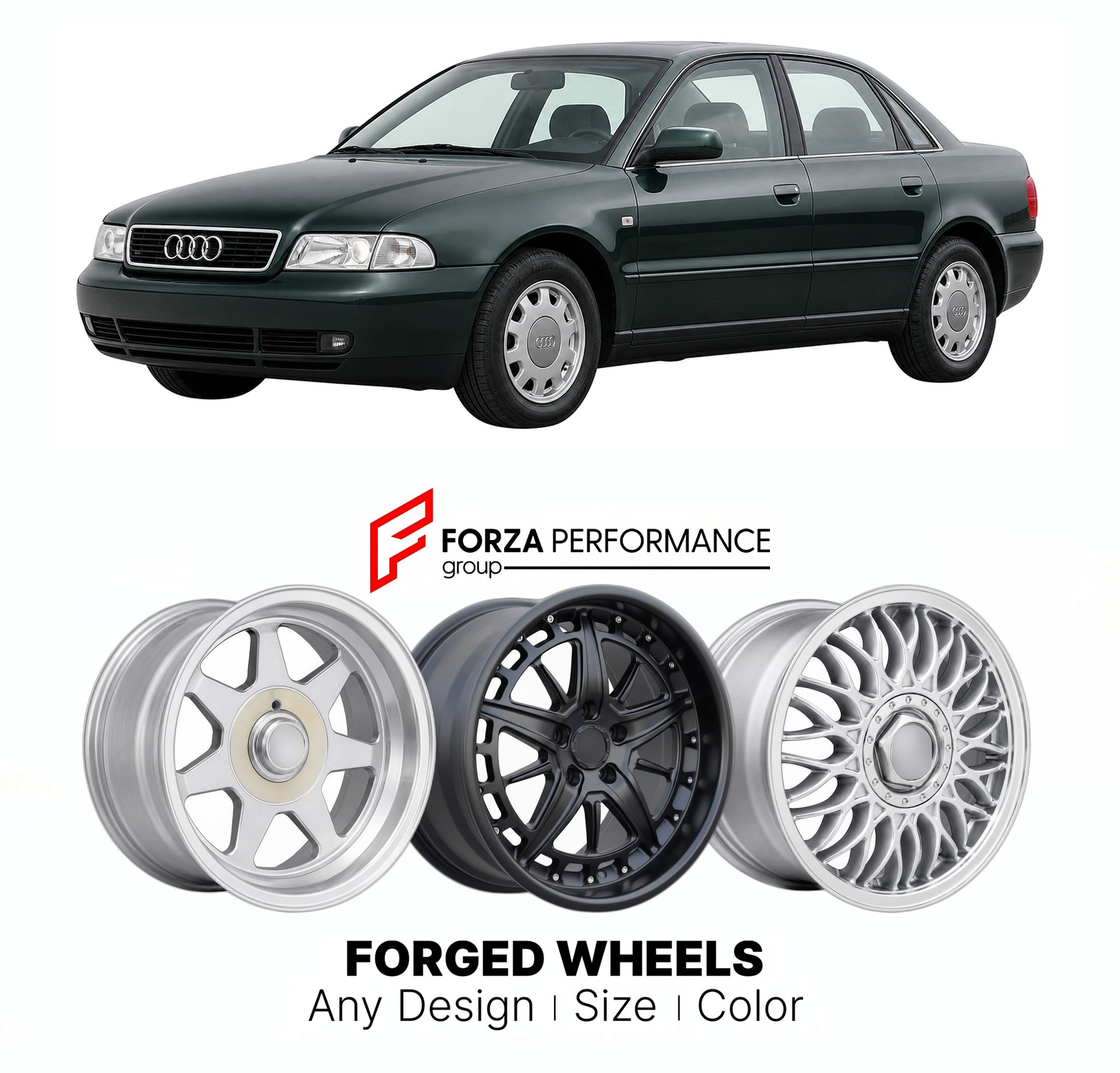CUSTOM CLASSIC VINTAGE RESTOMOD RETRO OLD SCHOOL FORGED WHEELS RIMS for AUDI A4 B5 1994 - 2001

Custom forged wheels for Audi A4 B5 1994 - 2001. Classic, vintage, restomod wheel designs made to order in custom sizes, offsets, colors and finishes.

We manufacture premium quality forged wheels rims for Audi A4 B5 1994 - 2001 in any design, size, color.

THIS WHEEL DESIGN CAN BE CUSTOM-MADE FOR YOUR CAR IN ANY SIZE AND COLOR OPTIONS
Available in monoblock, 2-piece, 3-piece, duoblock, beadlock
3D wheel renderin