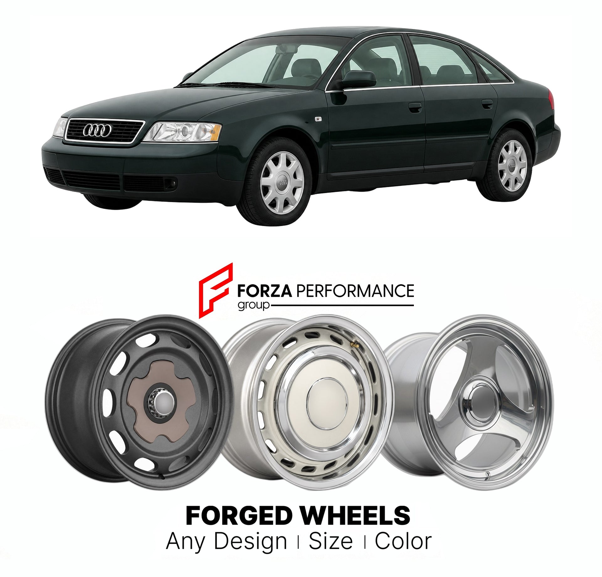 CUSTOM CLASSIC VINTAGE RESTOMOD RETRO OLD SCHOOL FORGED WHEELS RIMS for AUDI A6 C5 1997 - 2004

Custom forged wheels for Audi A6 C5 1997 - 2004. Classic, vintage, restomod wheel designs made to order in custom sizes, offsets, colors and finishes.

We manufacture premium quality forged wheels rims for Audi A6 C5 1997 - 2004 in any design, size, color.

THIS WHEEL DESIGN CAN BE CUSTOM-MADE FOR YOUR CAR IN ANY SIZE AND COLOR OPTIONS
Available in monoblock, 2-piece, 3-piece, duoblock, beadlock
3D wheel renderin