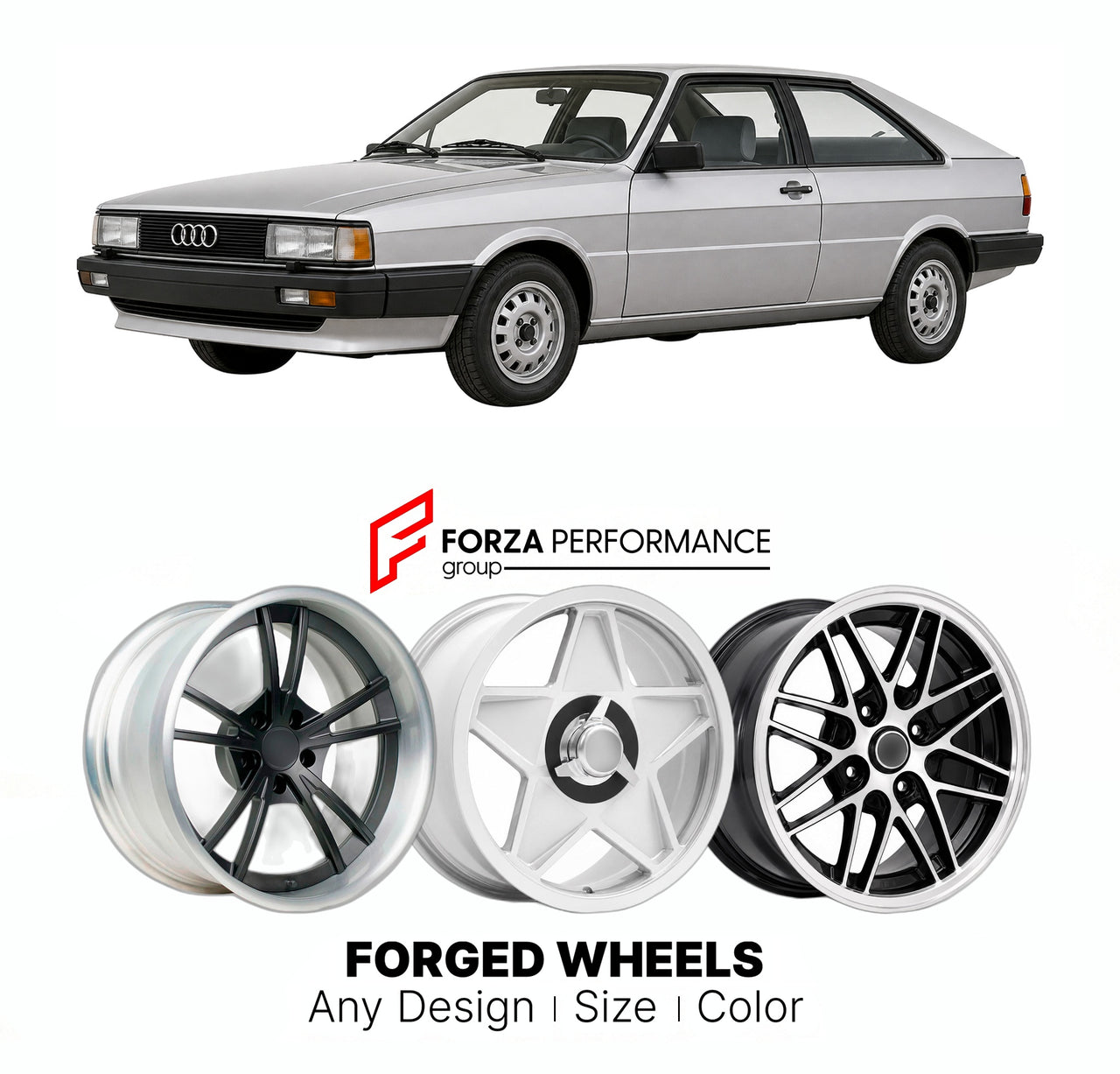 CUSTOM CLASSIC VINTAGE RESTOMOD RETRO OLD SCHOOL FORGED WHEELS RIMS for AUDI COUPE B2 TYP 81 1980 - 1988

Custom forged wheels for Audi Coupe B2 Typ 81 1980 - 1988. Classic, vintage, restomod wheel designs made to order in custom sizes, offsets, colors and finishes.

We manufacture premium quality forged wheels rims for Audi Coupe B2 Typ 81 1980 - 1988 in any design, size, color.

THIS WHEEL DESIGN CAN BE CUSTOM-MADE FOR YOUR CAR IN ANY SIZE AND COLOR OPTIONS
Available in monoblock, 2-piece, 3-piece, duoblo