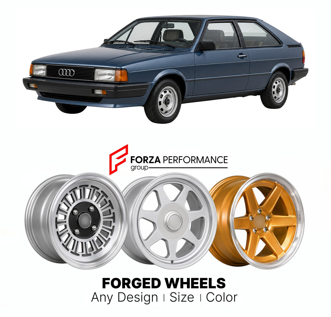 CUSTOM CLASSIC VINTAGE RESTOMOD RETRO OLD SCHOOL FORGED WHEELS RIMS for AUDI COUPE B2 TYP 81 85 1980 - 1988

Custom forged wheels for Audi Coupe B2 Typ 81 85 1980 - 1988. Classic, vintage, restomod wheel designs made to order in custom sizes, offsets, colors and finishes.

We manufacture premium quality forged wheels rims for Audi Coupe B2 Typ 81 85 1980 - 1988 in any design, size, color.

THIS WHEEL DESIGN CAN BE CUSTOM-MADE FOR YOUR CAR IN ANY SIZE AND COLOR OPTIONS
Available in monoblock, 2-piece, 3-piec