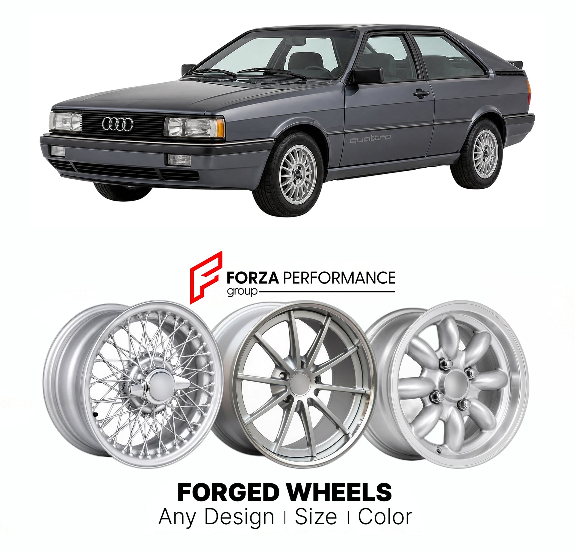 CUSTOM CLASSIC VINTAGE RESTOMOD RETRO OLD SCHOOL FORGED WHEELS RIMS for AUDI COUPE QUATTRO 20V B3 1988 - 1991

Custom forged wheels for Audi Coupe Quattro 20V B3 1988 - 1991. Classic, vintage, restomod wheel designs made to order in custom sizes, offsets, colors and finishes.

We manufacture premium quality forged wheels rims for Audi Coupe Quattro 20V B3 1988 - 1991 in any design, size, color.

THIS WHEEL DESIGN CAN BE CUSTOM-MADE FOR YOUR CAR IN ANY SIZE AND COLOR OPTIONS
Available in monoblock, 2-piece, 