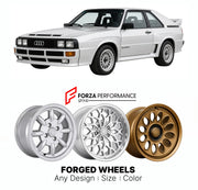 CUSTOM CLASSIC VINTAGE RESTOMOD RETRO OLD SCHOOL FORGED WHEELS RIMS for AUDI QUATTRO WR 1980 - 1991

Custom forged wheels for Audi Quattro WR 1980 - 1991. Classic, vintage, restomod wheel designs made to order in custom sizes, offsets, colors and finishes.

We manufacture premium quality forged wheels rims for Audi Quattro WR 1980 - 1991 in any design, size, color.

THIS WHEEL DESIGN CAN BE CUSTOM-MADE FOR YOUR CAR IN ANY SIZE AND COLOR OPTIONS
Available in monoblock, 2-piece, 3-piece, duoblock, beadlock
3D