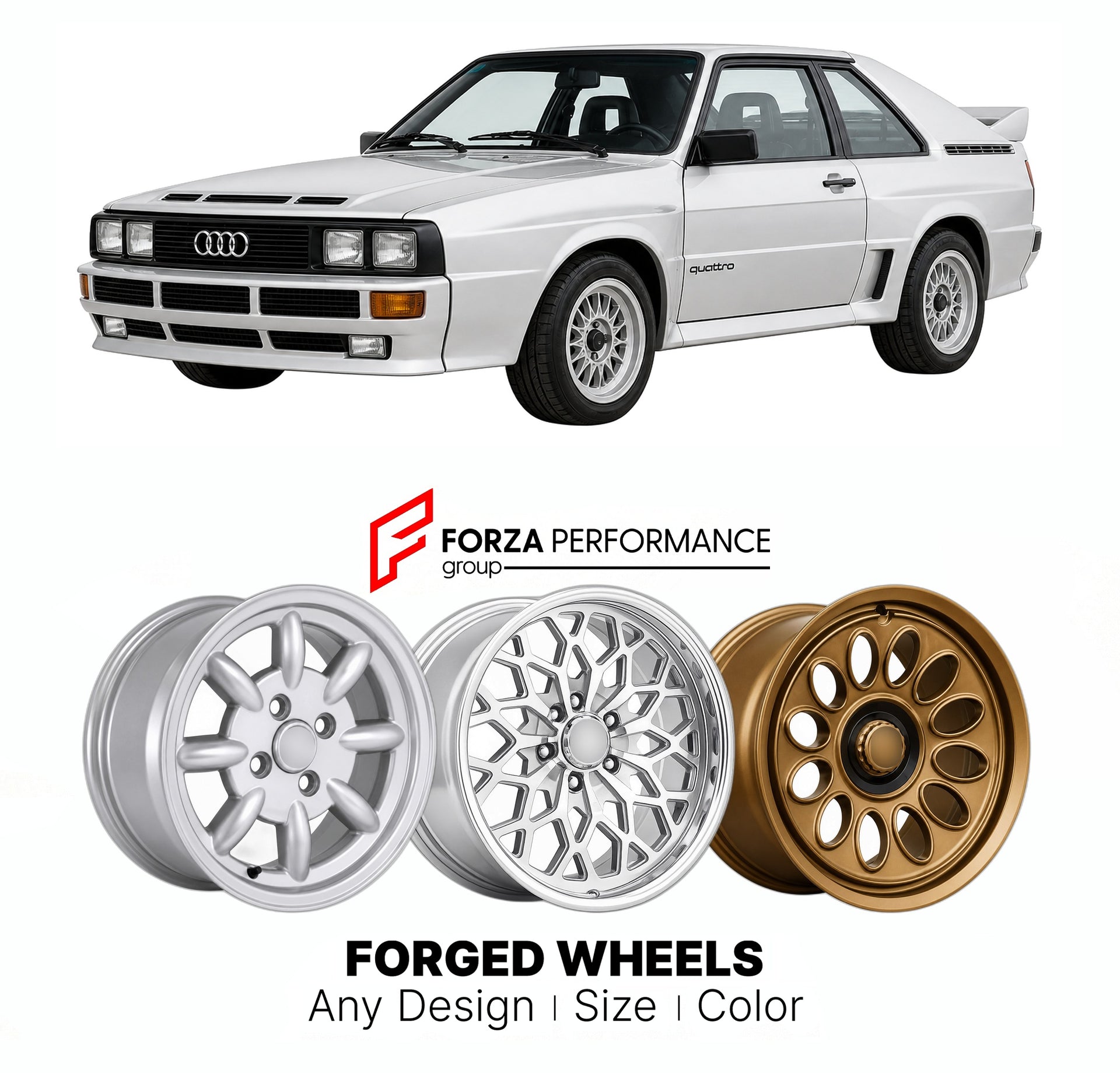 CUSTOM CLASSIC VINTAGE RESTOMOD RETRO OLD SCHOOL FORGED WHEELS RIMS for AUDI QUATTRO WR 1980 - 1991

Custom forged wheels for Audi Quattro WR 1980 - 1991. Classic, vintage, restomod wheel designs made to order in custom sizes, offsets, colors and finishes.

We manufacture premium quality forged wheels rims for Audi Quattro WR 1980 - 1991 in any design, size, color.

THIS WHEEL DESIGN CAN BE CUSTOM-MADE FOR YOUR CAR IN ANY SIZE AND COLOR OPTIONS
Available in monoblock, 2-piece, 3-piece, duoblock, beadlock
3D