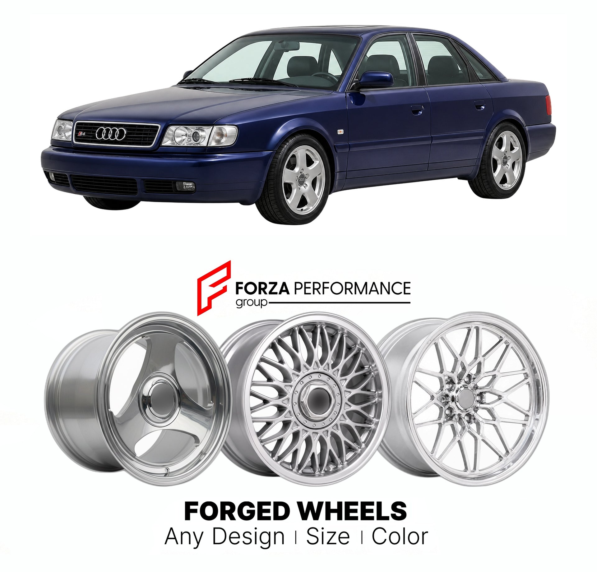 CUSTOM CLASSIC VINTAGE RESTOMOD RETRO OLD SCHOOL FORGED WHEELS RIMS for AUDI S4 B5 1997 - 2001

Custom forged wheels for Audi S4 B5 1997 - 2001. Classic, vintage, restomod wheel designs made to order in custom sizes, offsets, colors and finishes.

We manufacture premium quality forged wheels rims for Audi S4 B5 1997 - 2001 in any design, size, color.

THIS WHEEL DESIGN CAN BE CUSTOM-MADE FOR YOUR CAR IN ANY SIZE AND COLOR OPTIONS
Available in monoblock, 2-piece, 3-piece, duoblock, beadlock
3D wheel renderin