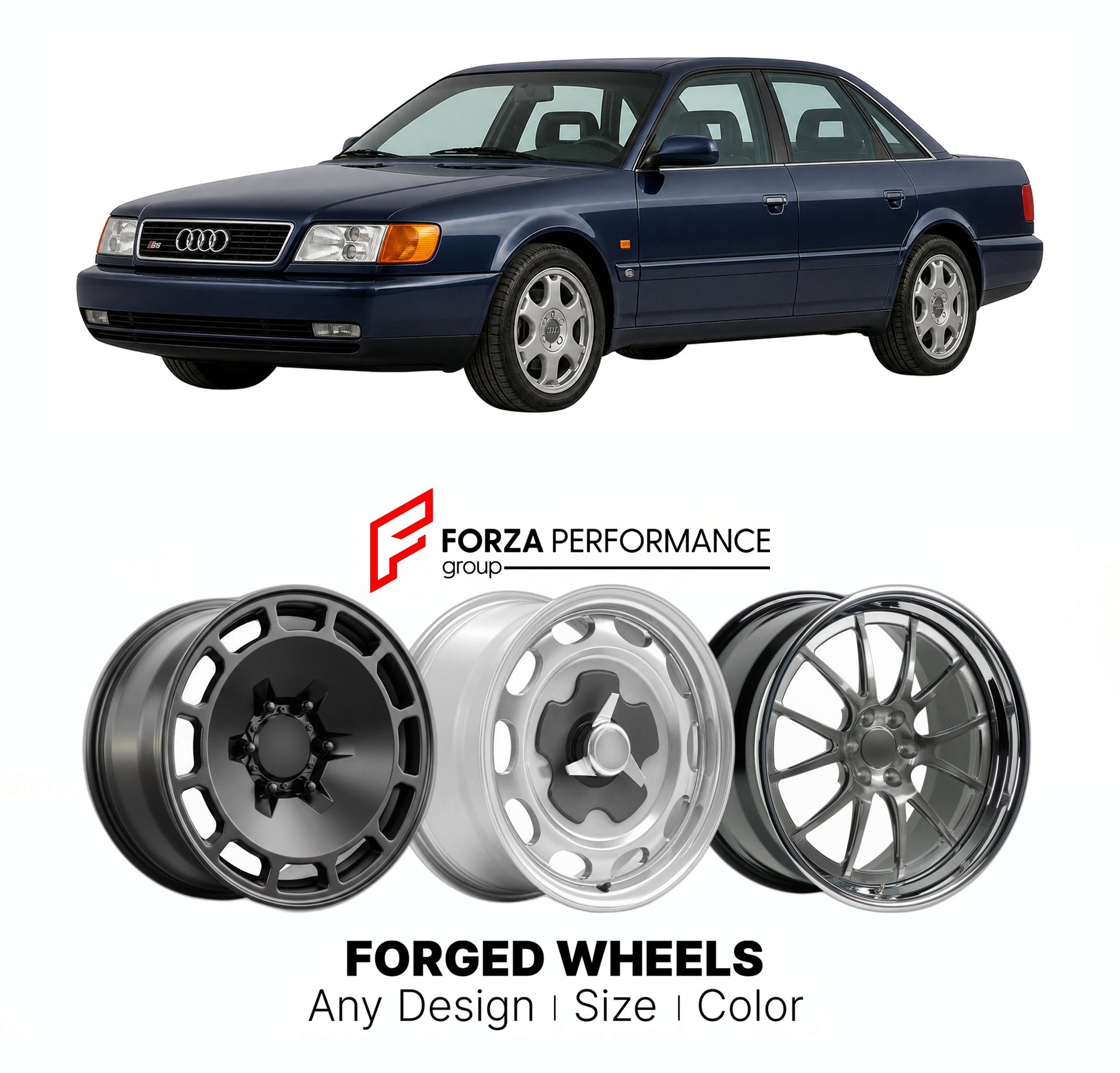 CUSTOM CLASSIC VINTAGE RESTOMOD RETRO OLD SCHOOL FORGED WHEELS RIMS for AUDI S6 C4 1994 - 1997

Custom forged wheels for Audi S6 C4 1994 - 1997. Classic, vintage, restomod wheel designs made to order in custom sizes, offsets, colors and finishes.

We manufacture premium quality forged wheels rims for Audi S6 C4 1994 - 1997 in any design, size, color.

THIS WHEEL DESIGN CAN BE CUSTOM-MADE FOR YOUR CAR IN ANY SIZE AND COLOR OPTIONS
Available in monoblock, 2-piece, 3-piece, duoblock, beadlock
3D wheel renderin