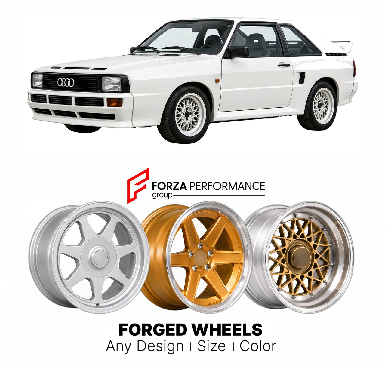 CUSTOM CLASSIC VINTAGE RESTOMOD RETRO OLD SCHOOL FORGED WHEELS RIMS for AUDI SPORT QUATTRO B2 GROUP B HOMOLOGATION 1984 - 1985

Custom forged wheels for Audi Sport Quattro B2 Group B Homologation 1984 - 1985. Classic, vintage, restomod wheel designs made to order in custom sizes, offsets, colors and finishes.

We manufacture premium quality forged wheels rims for Audi Sport Quattro B2 Group B Homologation 1984 - 1985 in any design, size, color.

THIS WHEEL DESIGN CAN BE CUSTOM-MADE FOR YOUR CAR IN ANY SIZE 